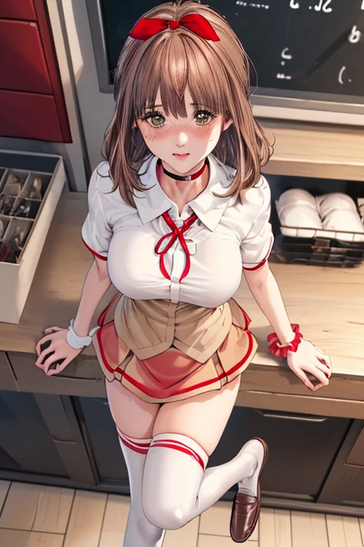 Taeko Kondo、Girls&Panzer、Brown Hair、Short Hair、((spats))、Photo from below、Medium chest、Bedroom、(Sleeveless shirt)、Red ribbon、Black knee-high socks、Checkered mini skirt
