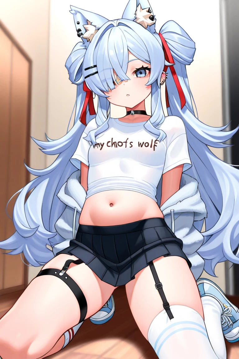 (1 girl:1.2),  ((velues, anthropo, wolf girl, wolf's ears, wolf tail)), standing alone, ssmile, looking ahead at viewer, arms behind the head, long hair, White hair, blue colored eyes, (Virgem_destroyer_sweater:1.5), sideboob, below the chest, White-panties, white thigh highs, Inside the house, corridor , realisitic, photoshot