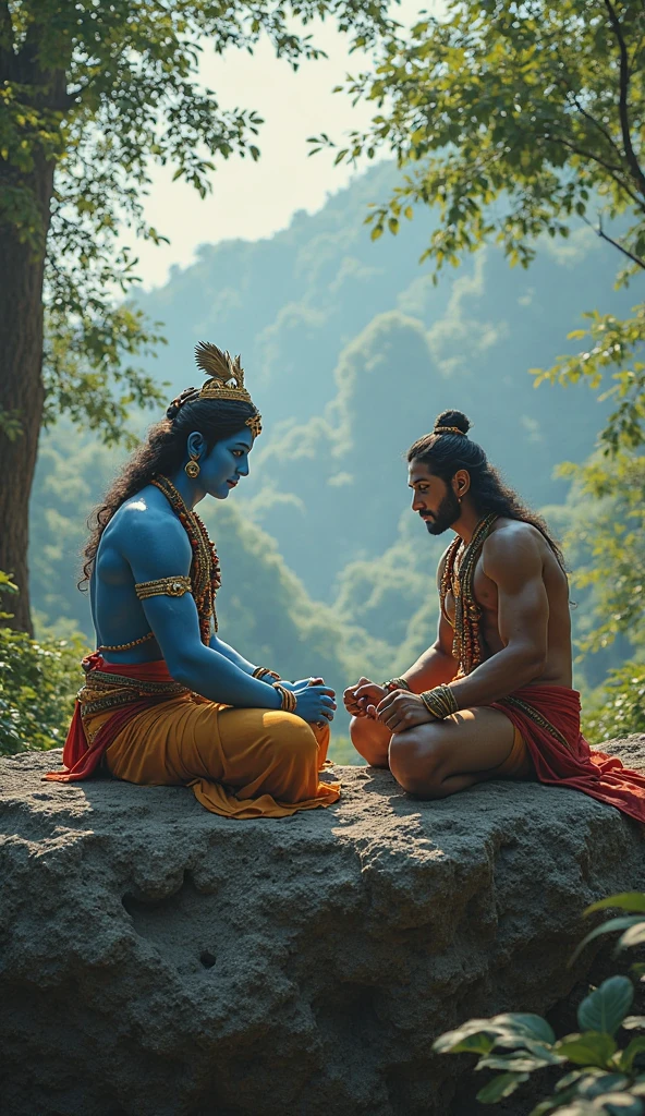 Shri Krishna preaching Bhagwat Geeta to Arjun in the battlefield of Mahabharata.