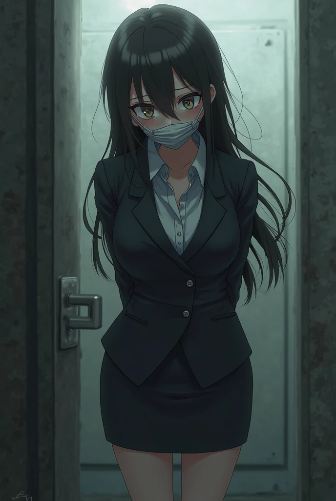 blindfold,gagged,kidnapped,duct tape,hands tape behind back
behind back,suit and pencil
skirt,bag covering head,anime girl,begging to be free