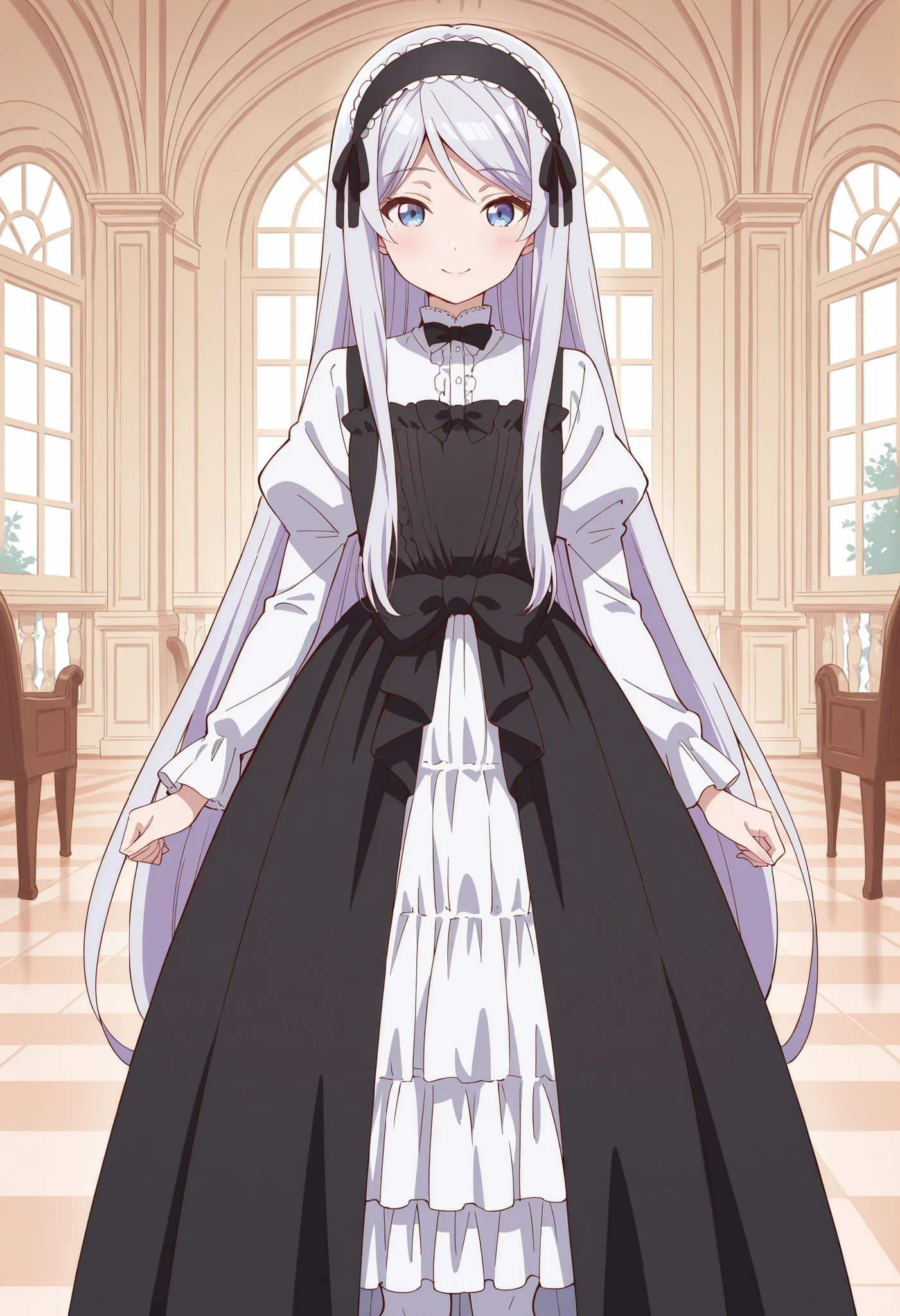 Score_9, score_8_up, score_7_up, source_anime, shisei houjou (kurakon), solo, very long hair, grey hair, frilled hairband, hair ribbon, sidelocks, blue eyes, flat , (best quality), (high quality), {masterpiece}, extremely delicate and beautiful, ultra-detailed, beautiful detailed eyes, maid uniform, gothic ta, white blouse, black dress, long sleeves, puffy sleeves, bow, frilled skirt, long skirt, white pantyhose, mansion, indoor, smile, closed mouth, standing