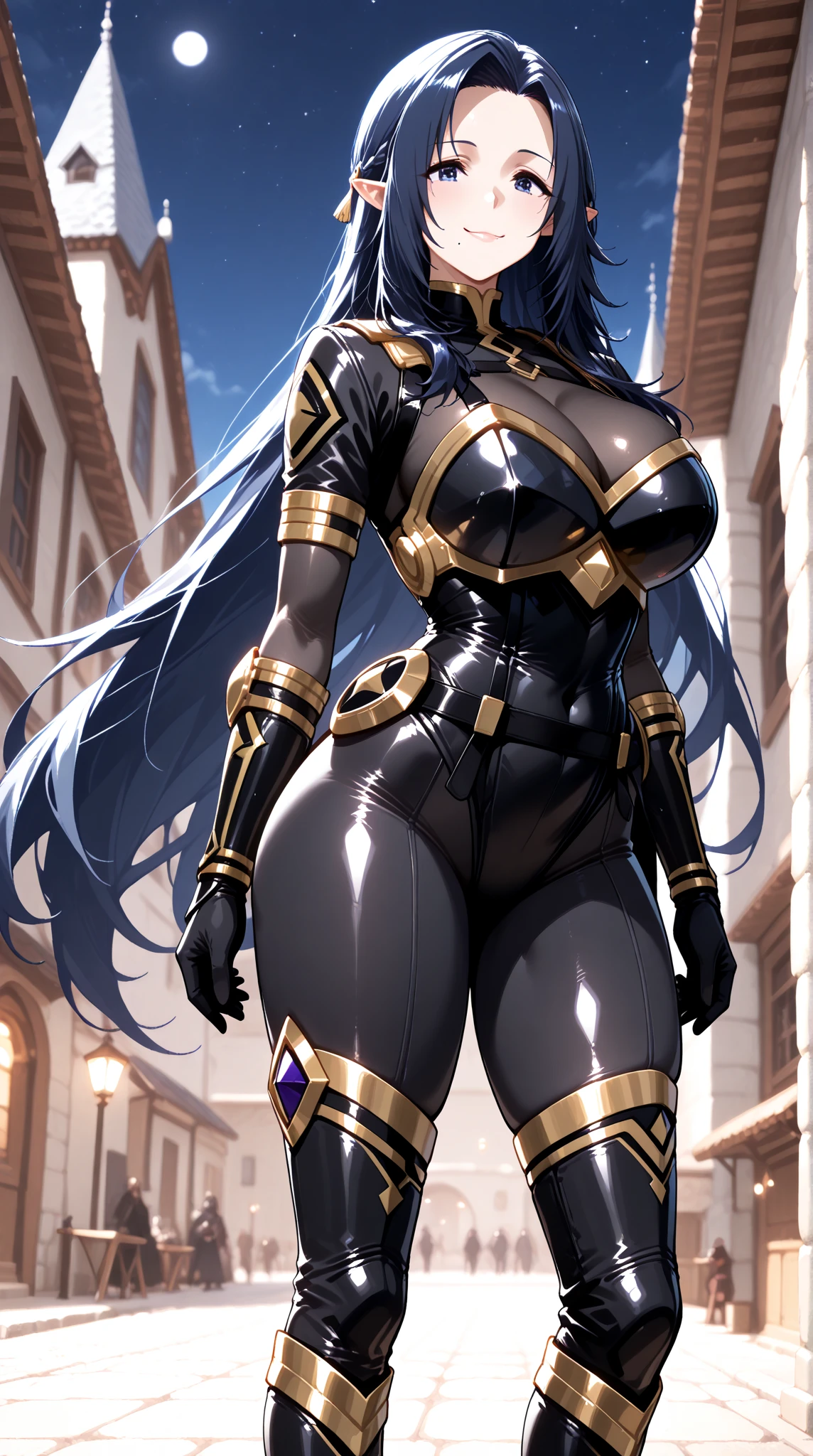 ((8K resolution))、((highest quality))、((masterpiece))、((Super detailed))((((dramatic))), (anatomically correct)、Depth of object being written、look at the camera、one person、one personの女性、very long hair、hair above one eye、(black hair、gradient hair)、purple eyes、front、toned arms, long and thin legs, Athletic Presence,(black bodysuit,Purple and gold trim),(theme、w穴 body:1.1),(behind:three giant blades),Scorpion tail、Image of God、dark background