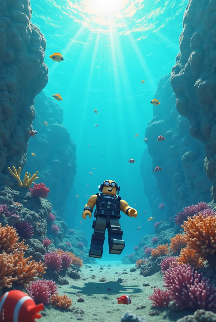 Pixel Particle Male Cartoon Diver Undersea Pixel Call Diver holding yellow pixel starfish in his hand
