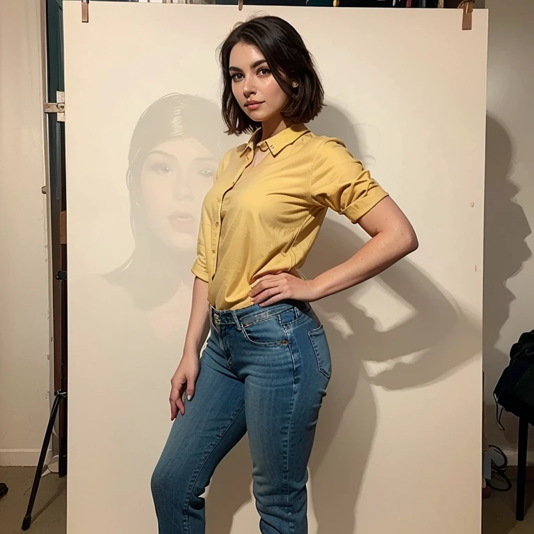 mulher sentada em um degrau com as pernas cruzadas, mulher posando, encostado na parede, modelo com corpo atraente, pose casual, encostado na parede, in a white boho style studio, jovem bonita de corpo inteiro, posando em um quarto, arte mista, pose atraente, foto de modelo de garota magra, vestindo roupas casuais, usando roupas casuais, perfeitamente equilibrado