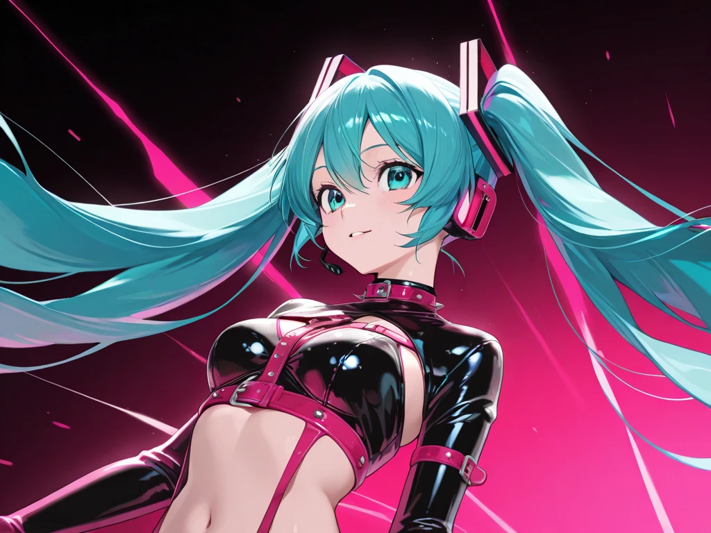 (((anime-style cute face))),(((Hatsune Miku and Megurine Luka))),Highest quality, (Sharp details), (8k, RAW Photos, Highest quality, masterpiece), (extremely detailed 8k wallpaper),Professional Lighting,Sharp focus, Depth of written boundary、Ticker,(((Face close-up)))、(looking at the camera),((((very happy face))))、Very big eyes、anatomically correct body、Big thighs、Light from the front、The face is bright、Luxury、Healthful、Slightly muscular、((((Shiny pink and black high leg swimsuit))))、(Frilly mini skirt)、(Fitted clothing)、wrinkles of the female genitalia、Cleavage、Belly button、Nipples seem to be visible、White gloves、Glowing Skin、Skinship、(Lewd)