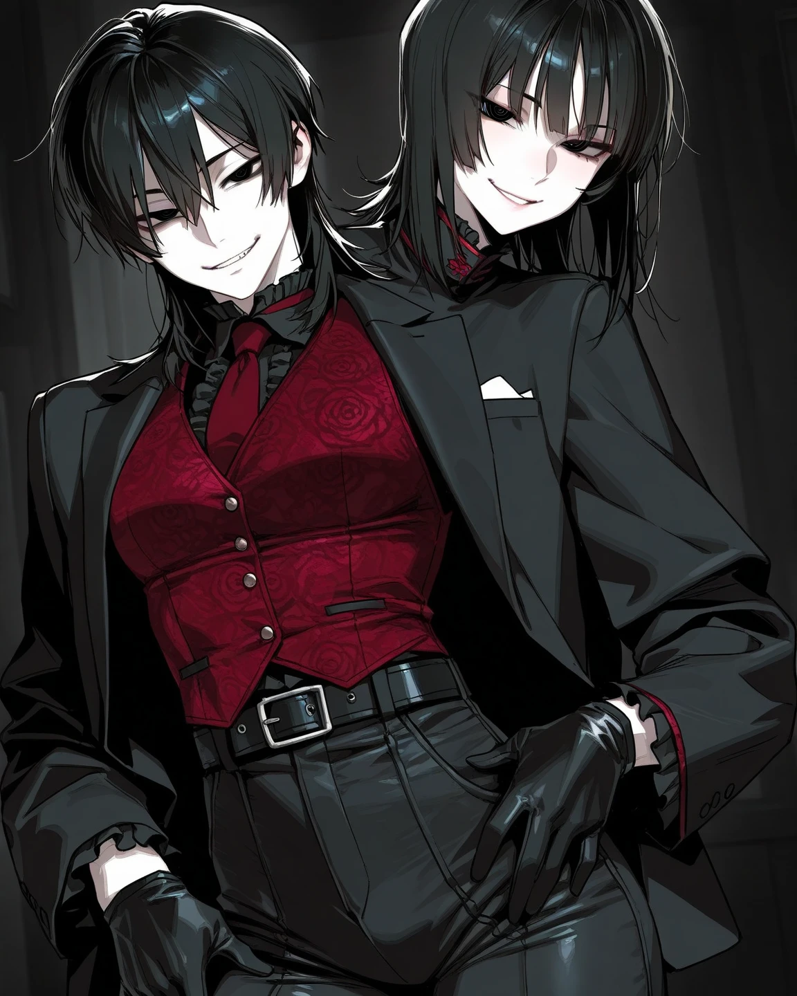 Anime boy with sharp teeth and many peircings, crazy male, attractive, sharp eyes, eyebags, long hair, crazy facial expression, punk clothing style, character sheet, character reference sheet
