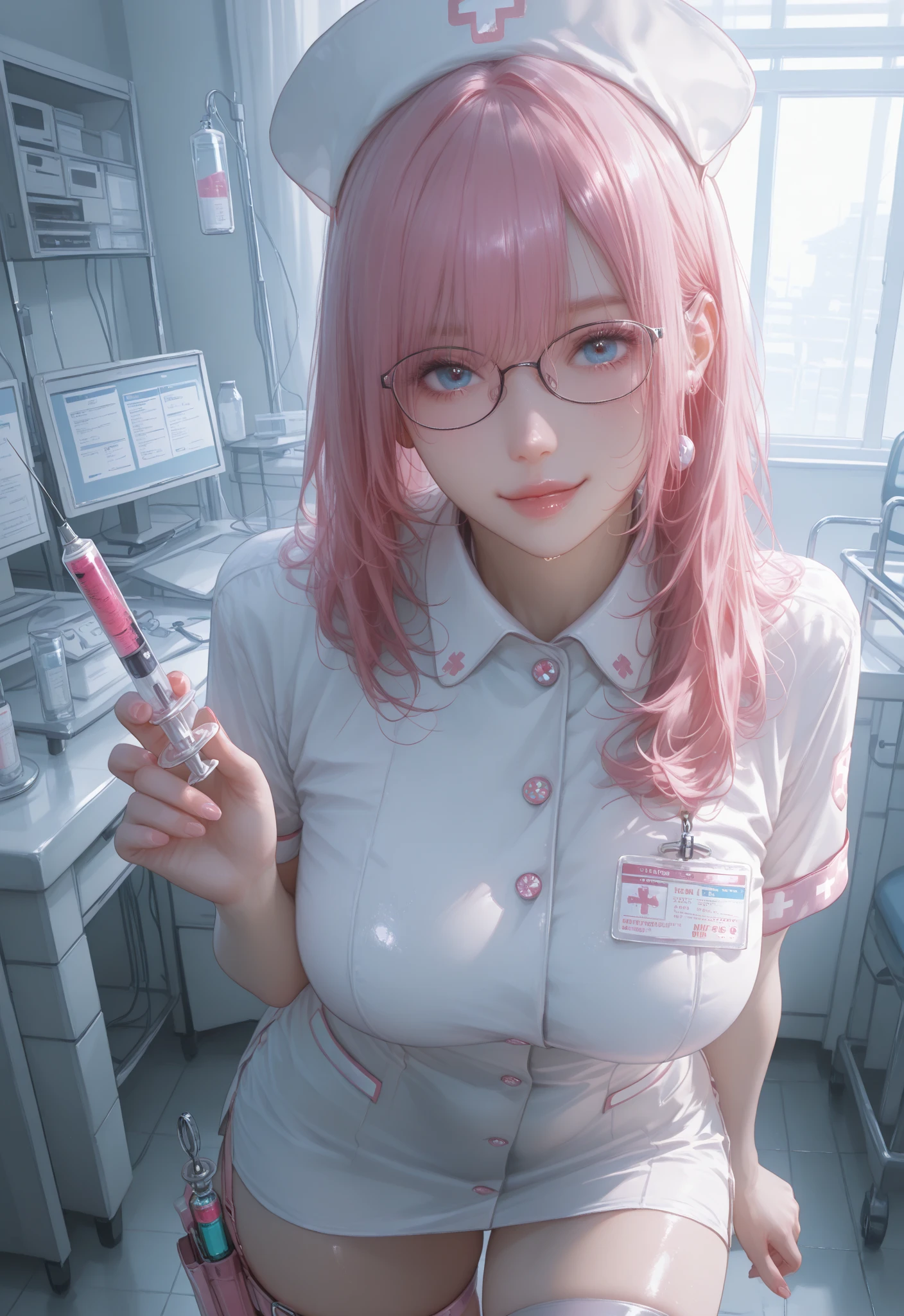(best quality, 8k, photorealistic:1.5), (solo, one girl:1.5),(shine a bright light on women),(ultimate beautiful girl),(shiny skin),(oily skin),(pink hair:1.5),(short hairstyle:1.3),(cool beauty),Blush brown makeup , dark eye makeup , use pink glossy lipstick,(big beady eyes girl:1.5),(droopy eyes girl:1.5),(blue eyes:1.5),(thin girl:1.5),(baby face girl:1.5),(sex appeal),(sweet smelling girl),(she works for low wages),(kind-hearted woman),(she has a nice smile),(woman with a happy look),(she is very sociable),(from a very poor family),(virgin girl),(She is a secret pervert.),(she covertly lewd),(she looks so erotic),chuuChloe,(woman with very soft breasts),(woman fantasizing about sex),(allurement),(impressive eyes:1.5),(clean girl),(affability),(cute smile),(good personality),(serious personality),(wants sex),(want to masturbate),(want to have sex forcibly),(relaxing time),(hair ornaments),(compassion),(impurity),(love filled),(get horny),(No love experience),(private room),(teenager),(scientist clothes:1.5)