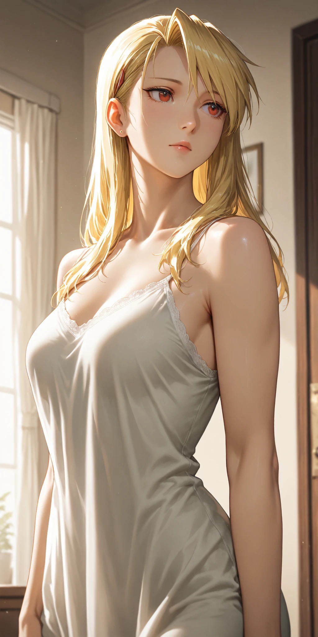 (Highest quality,4K,8k,High resolution,masterpiece:1.2),Super detailed,(Realistic,photoRealistic,photo-Realistic:1.37),Slutty Japanese Woman, Beautiful and delicate hazel eyes, Beautiful lip detail, She is wearing a dark red G-string and bra., Black Stockings, High heels, pose sensually for photographs, In a luxurious hotel room, With attractive lighting, Enchanting atmosphere, Sensual look, Excellent makeup, (short hair), (ponytail), (Neat bangs:1.5), ((Exposed breasts:1.5)), ((Full nudity)), ((Exposed shoulders:1.5)) ,Captivating Gaze, A confident and attractive demeanor, Vibrant colors, Smooth and flawless skin, Captivating aura, Captivating curves, Provocative pose, Elegantly decorated background, Sophisticated furniture, Soft Shadows, 魅惑的でEnchanting atmosphere.