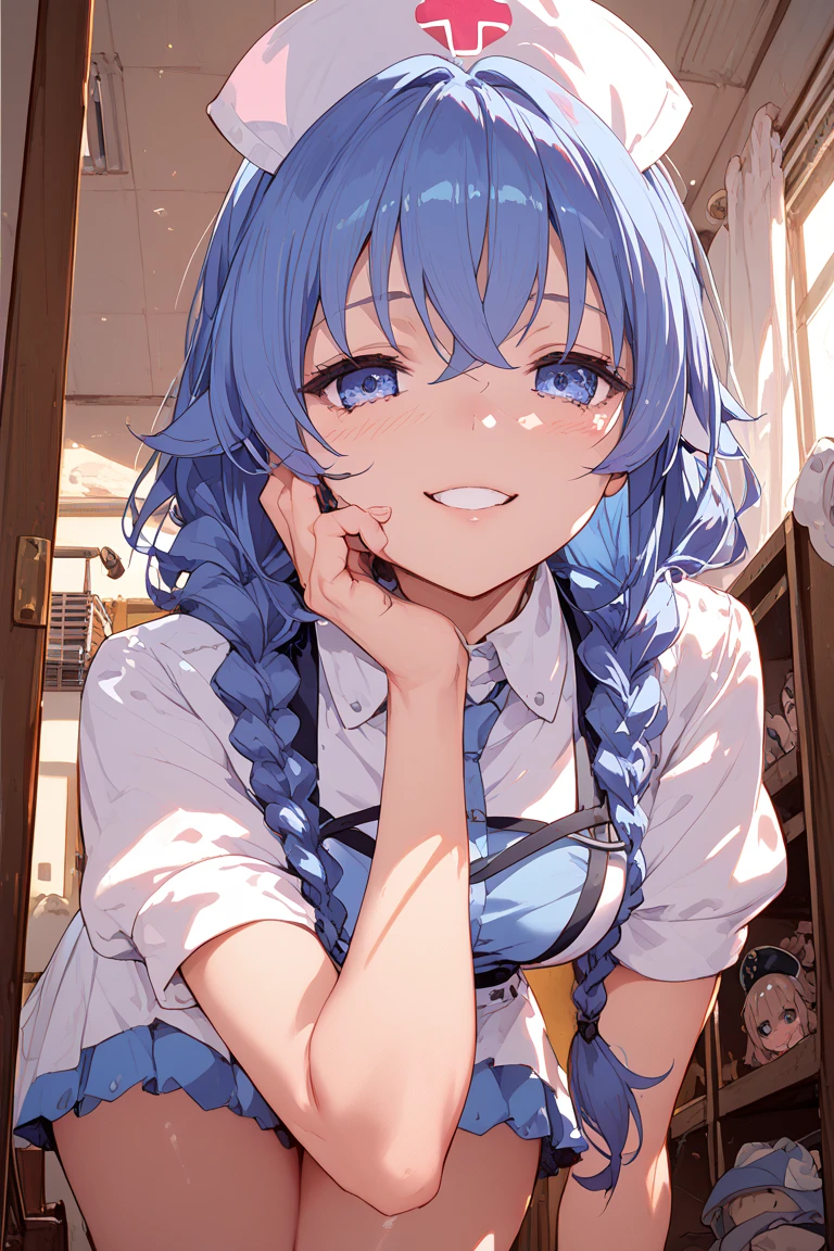 masterpiece, Highest quality, Rem, One Girl, lingerie,Beautiful Eyes,Blue Hair,Upper Body,Inside the coffee shop,White shirt,smile