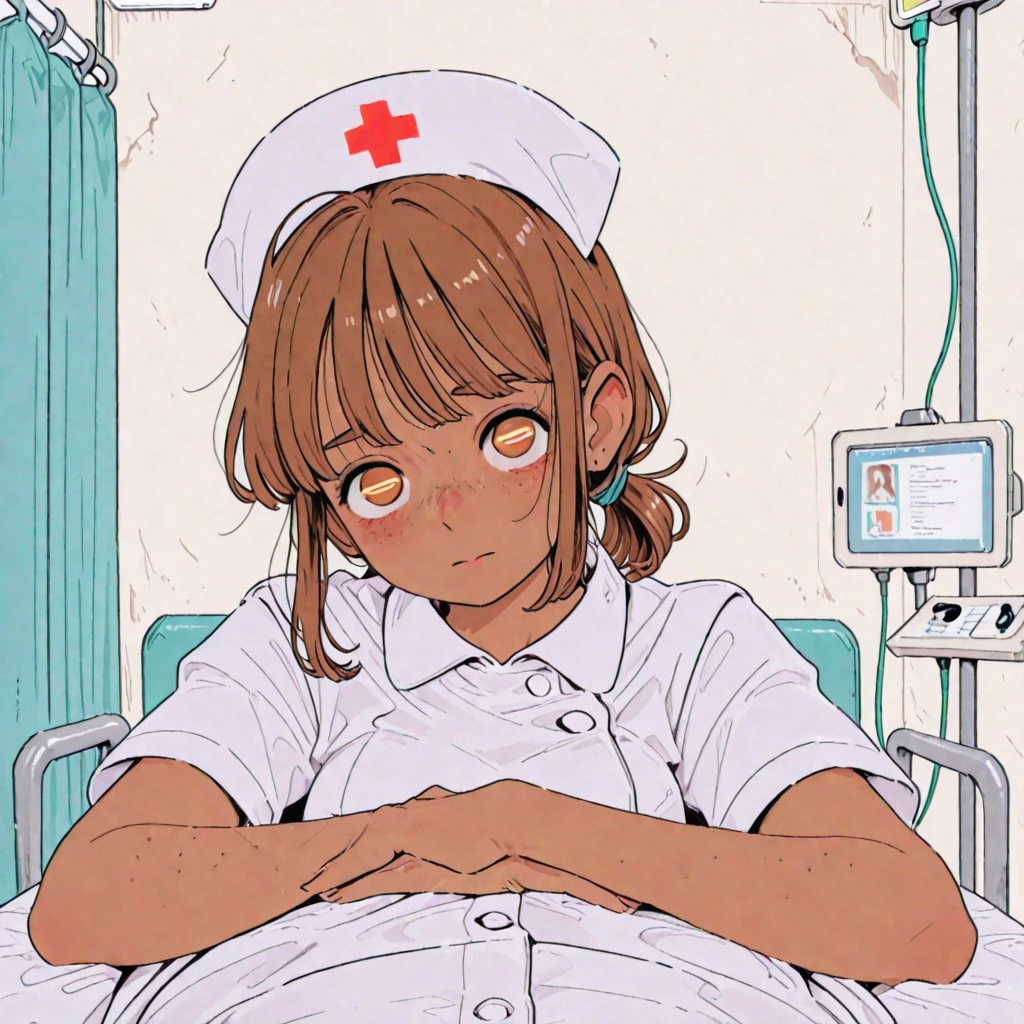 girl(Round Glasses、low length、Hospital Arrival(Pink))Hospital bed(Sleeping on your back、electro-cardiogram)