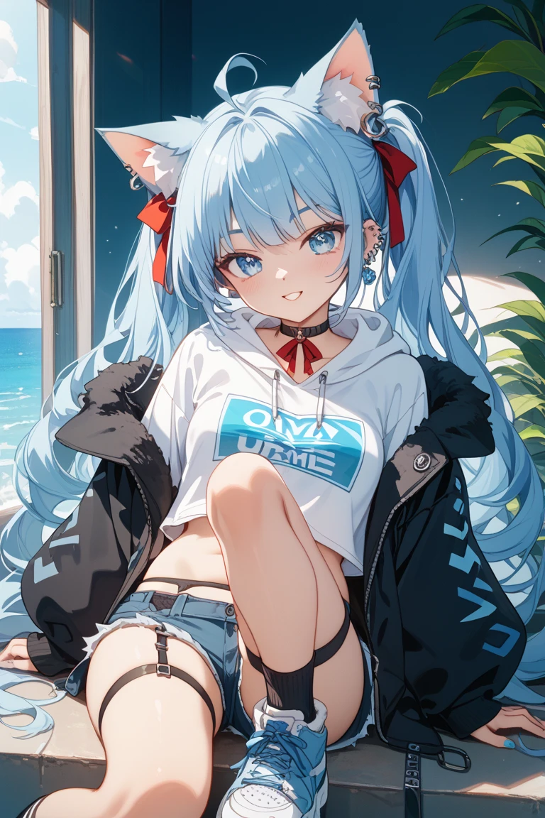 lightblue hair，teens girl，beachside，swimming uniform，Close-up of panties，suns，Cat lady，The two hands turned into big cat paws，Zhang has a cat beard，Light close-up，Enhance the light，morningglow，Expose a little，Smooth skin