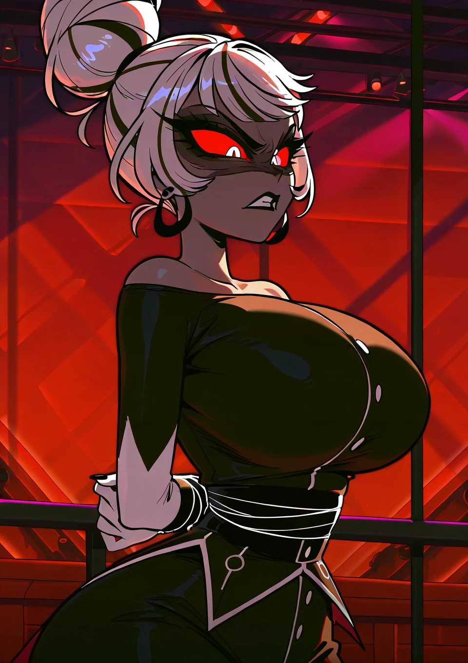 masterpiece, best quality, Modeus \(helltaker\), horns, white hair, demon girl, 1girl, full body,swimsuit, black skirt, pantyhose, white shirt, heels, demon horns, gigantic breasts, red eyes, short hair, black horns, hair over one eye, piercing, jewelry, tail, demon tail, choker, lip piercing, necklace, gigantic breasts,
