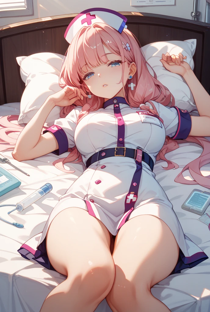 very delicate and beautiful girl,8k wallpaper,masterpiece,danntoudainoaura,Bedroom,1 girl,alone,devil's horns,devil girl,long hair,medium breasts,(nurse uniform),((pantyhose)),looking at the viewer、Photo from below、((one piece))、sit on the bed、have a skirt