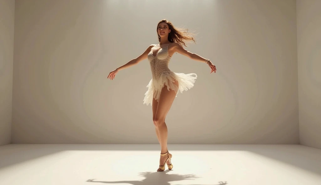 Imagine uma bailarina, cabelos castanhos e compridos, Dancing on top of a stage, e a plateia toda alegre aplaudindo, lights are in your direction