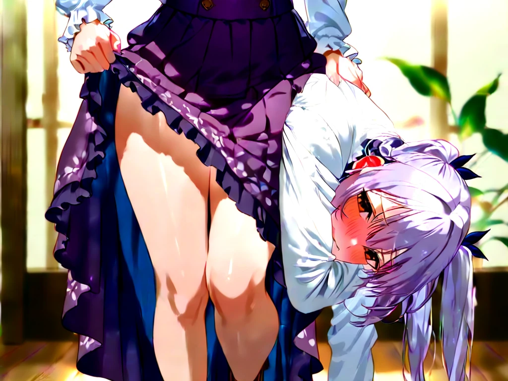 score_9, score_8_up, score_7_up, score_6_up, source_anime,
1girl,
blue eyes and white hair, short hair, hair over one eye, x hair ornament, light blue, maid, bottomless,
best quality,
bdsm, (restricted, bound wrists), rope, blindfold, (dildo, vaginal object insertion), sex toy, anal beads, anal object insertion, from behind, looking back, top-down bottom-up, saliva, saliva strings, pussy juice, female , (ass, spanked, handprint, panty pull), (indoors, dark room:1.3), (motion lines, perspective:1.2)