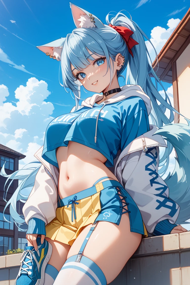 jumpsuit, full body, ((masterpiece, best quality:1.5)), ((Beautiful detailed cat aqua eyes:1.2)), cat ears, pale skin, medium breasts, beautiful hands, beautiful fingers, EasyNegative