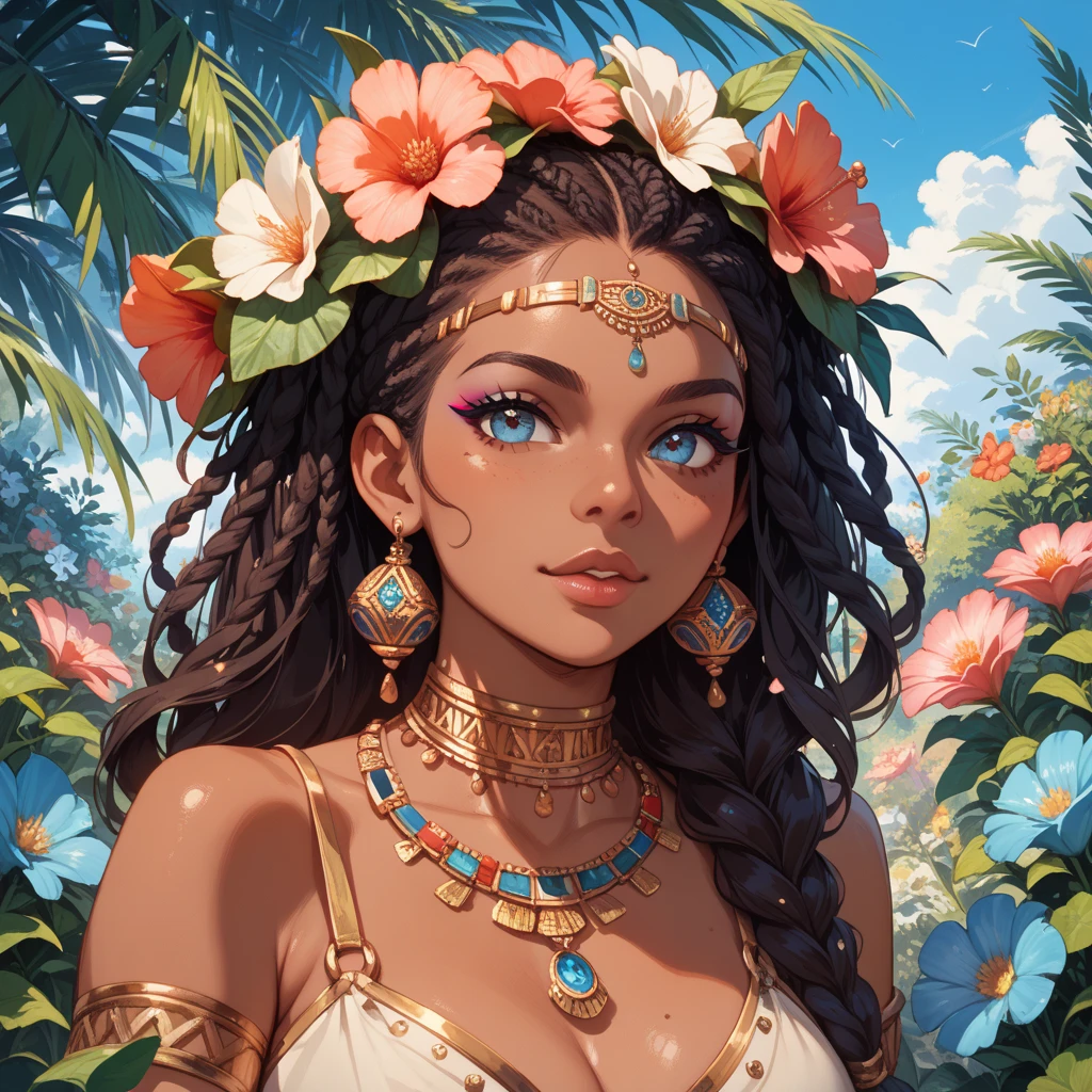 (dark brown skin:1.3), (most beautiful woman:1.4), beautiful detalied face, hig res face, girl indian from ancient Egypt,monster girl, remember the hindu gods, intricate eyes, beautiful detailed eyes, symmetrical eyes, woman, amazon warrior, big breasts, topless, gold micro bikini armor, from ancient Egypt, 1girl, (large breasts:1.4), saggy breasts, twin braids, tight braids, long braid, braided hair, long hime cut, eyeeautiful detailed eyes, lustrous skin, tanned skin, glossy skin, wet skin, sweating, shiny skin, shiny body, delicate detailed fingers, Wild Xavante India, extreme tanned skin, full body image, extreme long black straight hair messes over naked , huge macaw blue parrot feather headdress, long legs, curvy, indigenous yellow and green breast painting, breast painted blue and yellow, indigenous yellow and green facial painting, Long hair, Gradient, Gradient background, full body image centered around the buxom young miller's exceptionally attractive with big breast and reavling exposed cleavage with wide hips and narrow waist and exuding an alluring and voluptuous physique that radiates warmth and sensuality, gisele bundchen, cheerfull and happy expression on her face, hyper-realistic photography portrait, beautiful lips,detailed large eyes, Her eyes are a striking and inviting feature, realistic body details scar and fracture, extreme abnormally huge , erotic fantasy, tranquil flower princess with soft hair dancing in the wind and intricately braided. Her sweet face has puffy, kissable lips and stunning, highly realistic eyes, hires eyes, 8k eyes, beautiful detail eyes, realistically shaded eyes, dazzling big eyes and realistic eyes in vibrant colors. She is wearing delicately detailed colourful fabric of gossamer silk and satin, midst of the most beautiful meadow in the world and is surrounded by beautiful flowers of varying sizes and colors, with delicate flowers dancing in the wind and creating a dynamic and compelling image