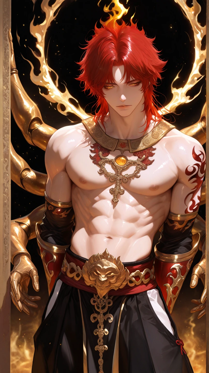 Ultra detailed, HDR, Highres, absurdres, master piece, Eustass ???, red hair, expressive yellow eyes, red lips, without shirt, bare chest, toned chest, One Piece, sexy man sitting, handsome, flowers, petals, fantasy, magical, green leaves, solo, best quality, glittering, sensual, horny, water, beach, black shorts 