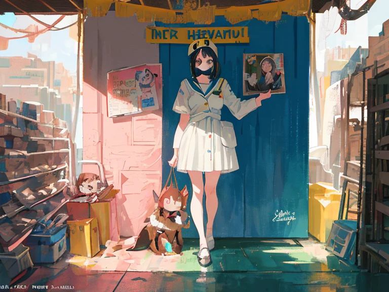 ((Cute cat, dog, monkey, pheasant, raccoon, panda, parakeet, and rabbit holding up a sign that says Mysterious Fog:1.3)), 8-year-old. long, straight black hair, Slim face, Very thin and pale skin. She is wearing a beautiful Dior-style white light tweed dress with gold accents. On Stage "Rocket Launcher", She is wearing a gorgeous dress with a blue strap around her neck、 ((Giant Rocket Launcher:1.3)). She smiles as she speaks to the audience. Behind her、There is a white wall with a yellow Sea Art logo。. She has a good style. There seems to be an interesting and intelligent thought in her eyes. Her knowledge of AI technology to people from all walks of life々And her overall aura suggests that、Confidence and determination ooze from her。. That's how Sea Art speaks. She points ((Rocket Launcher:1.3))、 Cute cat, dog, monkey, pheasant, raccoon, panda, parakeet, and in front of the rabbit audience.The audience are all Cute cat, dog, monkey, pheasant, raccoon, panda, parakeet, and rabbit animals.。