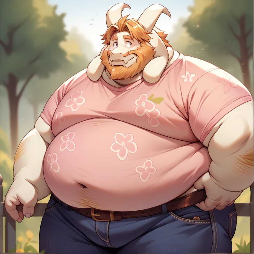 solo, asgore, undertale, asgore dreemur, plump, bara, seductive smile, horny, horny expression, aroused, belly, big fat, overweight, large, musclechub, 4k, hi res, five fingers, detailed hands, ((detailed face, (detailed eyes:1.0), detailed)), (full body), by hyaku, by bebebebebe, by haps, cartoon shading, shirt, 1boy, navel, male focus, thick legs, thick arms, thighs, sweat, open clothes, stomach, yellow hair, open shirt, no pants, no shorts, no underwear, naked, feet out of frame, thick thighs, sunlight, pink shirt, bulge, bush,  chest fur, yellow happy trail pubes, (standing in front porch, showing penis, hard penis, exposed penis, thick penis, fluffy balls, yellow pubes, aroused, horny, eye contact with camera, smiling, seductive, dynamic pose)