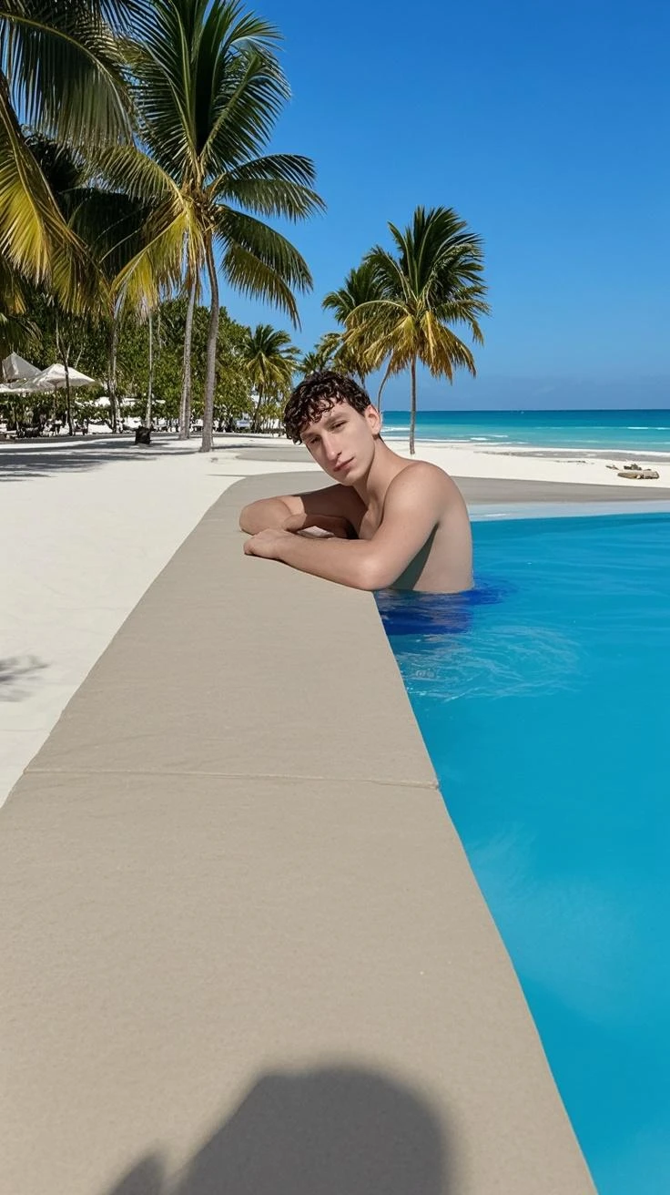 young, beautiful, elegant, white, skinny, soft skin, beautiful rostro, shirtless, naked, big penis, nice butt eating pineapple with hat cute man