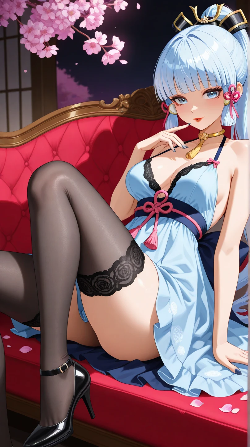 (masterpiece:1.2), (Best quality at best:1.2), perfect red eyes, perfect face, 1 Girl, Alone, 8K, Best Quality, large breast,(Detailed description of hair), (Detailed description of face),(Detailed description of body),matchless beauty, long legged, (Stockings), (30 years old),facing the audience, professional photographic lighting,dark blue Lace lingerie、the chinese royal palace、detailed red light eyeballs,silver hair,