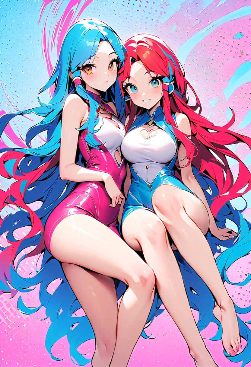 Two young beautiful women,(Highest quality,Extremely detailed depiction,Incredibly absurd high resolution,Anatomically accurate depiction,Curvy Legs),(Glowing Skin,Shiny skin),(Bikini Swimwear,latex,Wet body),eyelash,Sweat,(Glowing pink eyes,Crazy Eyes,There is cleavage in the chest,Wicked Smile,Glossy Red Lips,Flashy makeup,Seductive gestures by two women,Half-closed eyes:1.3),whole body,background:Daytime coast,