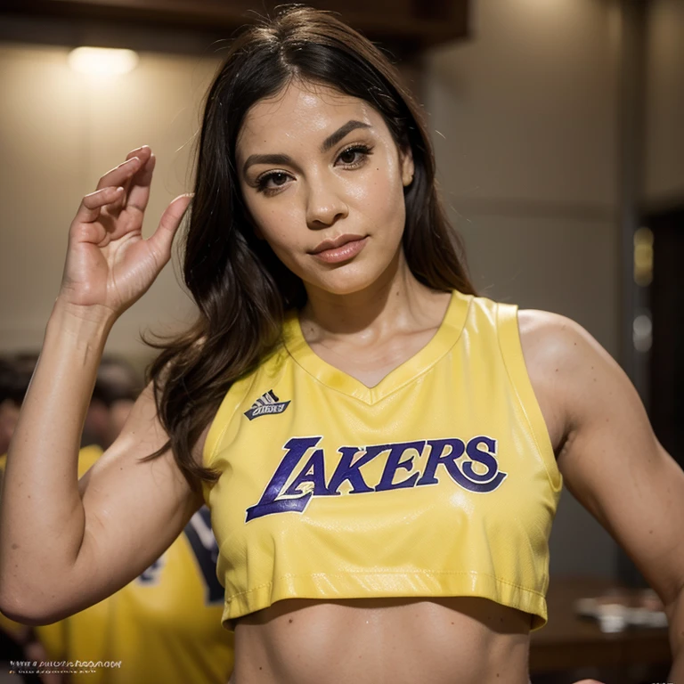 maid, brunette, long black hair, with blonde streaks, she is on her back in the kitchen, wears only a shirt of the basketball team, Lakers, yellow, her body is very sensual, the shirt is short and shows the flesh of her butt, she looks over her left shoulder, as if she is being watched, her legs are defined, fitness style, full body shot, realistic image, ultra HD, no duplicating fingers, hands --auto --s2