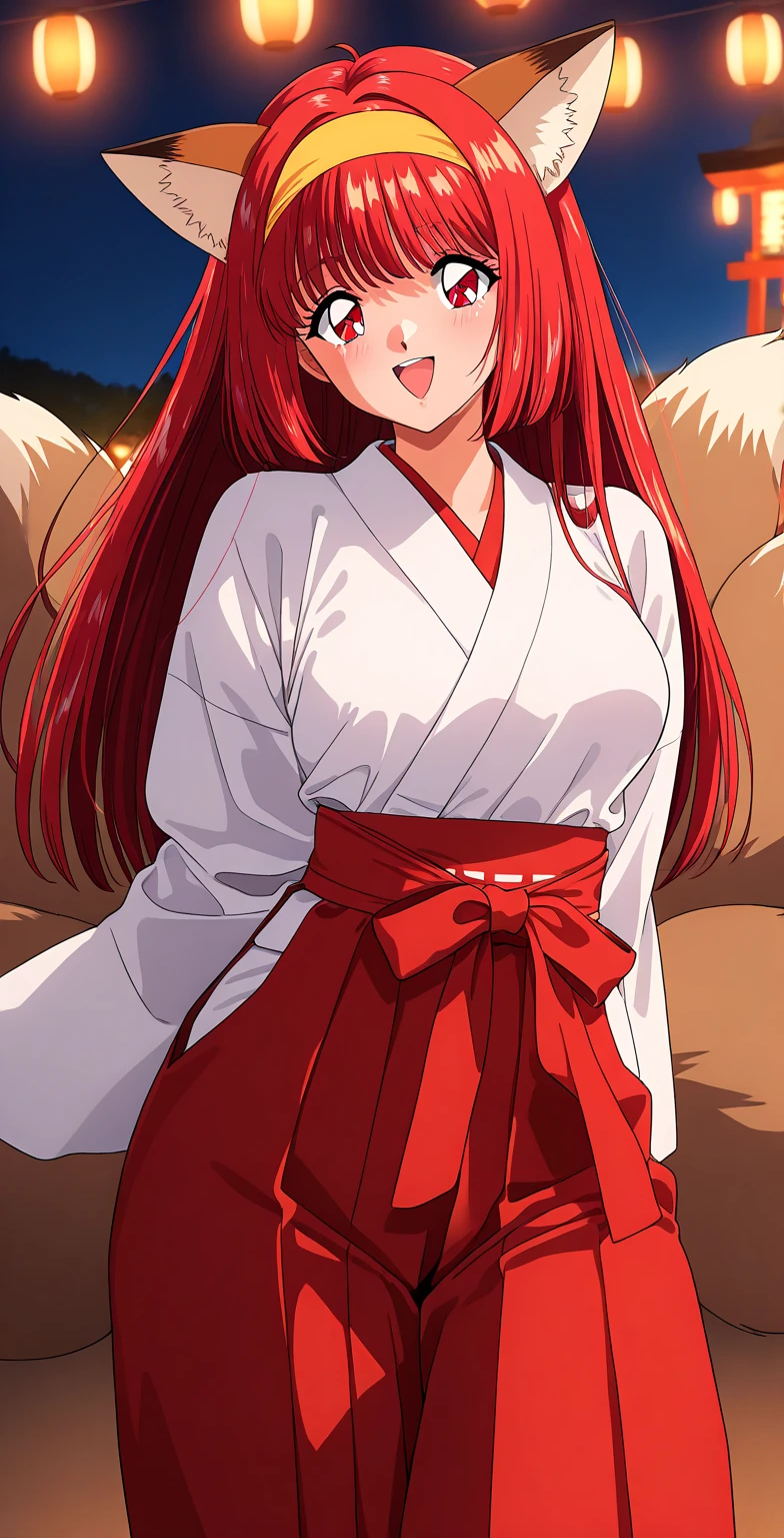 1 girl, cowboy shoot, big breasts, (outdoor:1.2), (nighttime:1.2), (moon:1.2), smile, Mikami opened his mouth., green eyes, red hair, long hair, forehead, Japanese clothes, long sleeve, Miko, Hakama skirt, red as well, white thighs, score_9, score_8_climb, score_7_climb, destroy source_anime, best quality, Masterpiece, Flashy, alone,