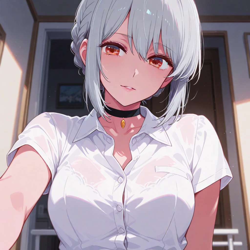 masterpiece,One girl,hospital,Examination room,Upper Body,Gray Hair,Silver Eyes,Beautiful Eyes,long hair,ponytail,Wearing a white coat,naked,Pale skin,slender,Small breasts,Small nipples,nsfw,One boy, licking penis,penis,,Composition from above