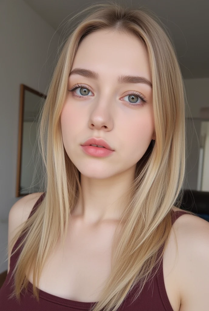 Realistic brown-eyed blonde girl in black sweatshirt posing for a photo inside the room beautiful face Italian blonde Galician angelic face realistic