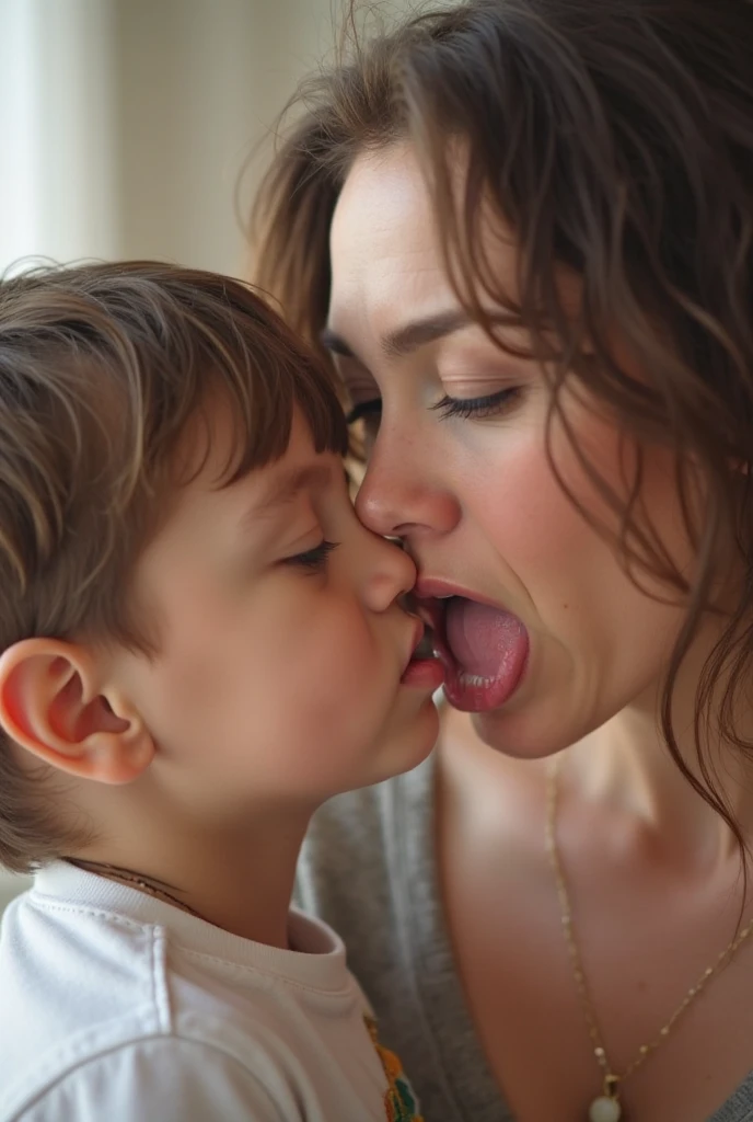 This appears to be a tender moment between a mother and son, though their interaction raises questions about appropriate boundaries.Emilia is in the family car with her young son, embracing and kissing him.