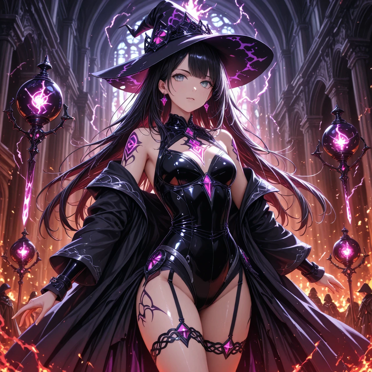 masterpiece, Anatomically correct, Super Detail, high quality, best quality, 8K, 16K, High Detail, Medium shot, Necromancer, wearing wizard hat, Tight combat uniform, Purple Eyes, long hair, Gradient hair, X-ray laser beam, Abstract Zentangle painting as background.