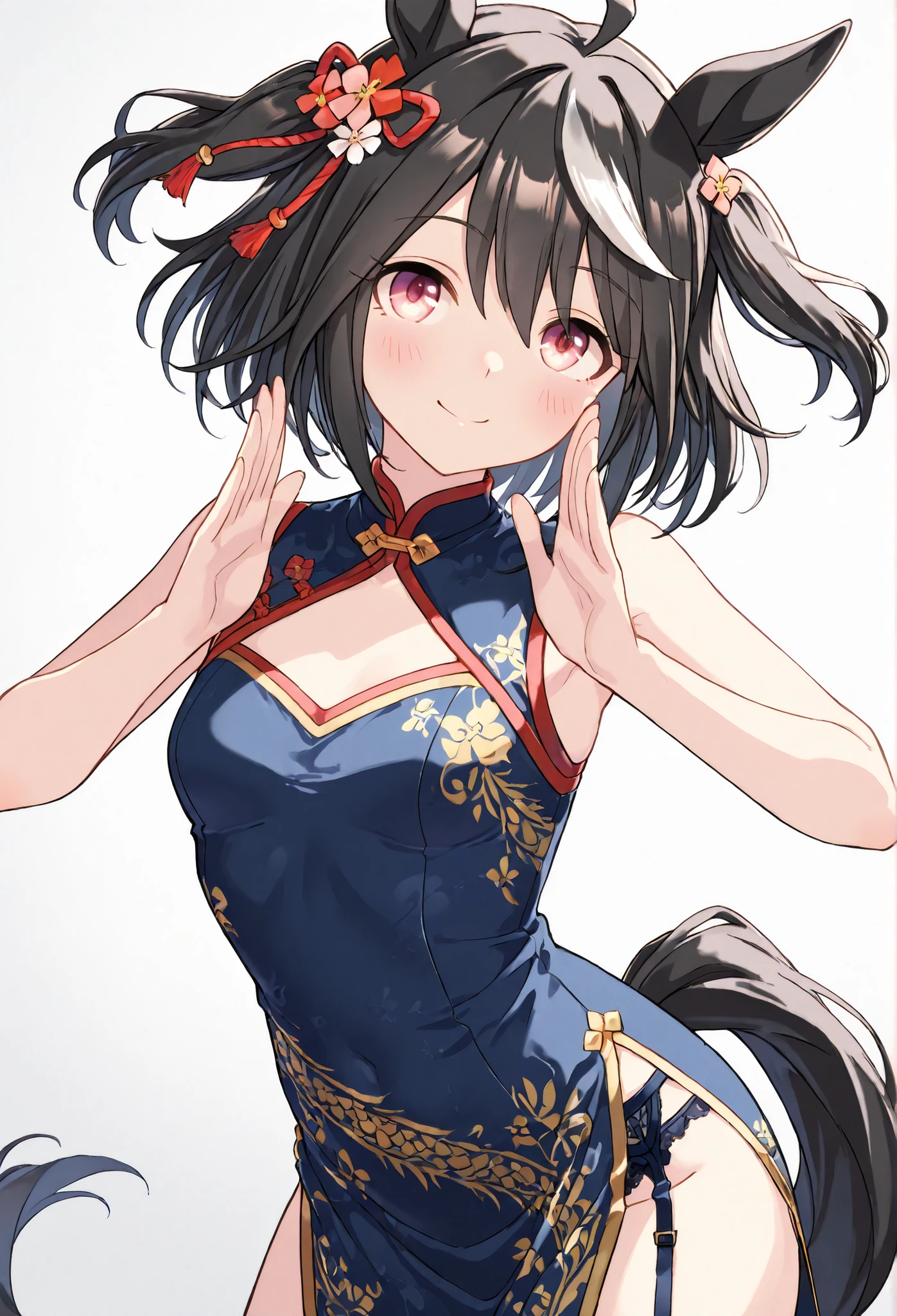 1woman:1.3}}}, ,{{{kitasan black:1.5,Uma Musume:1.4,gray hair,Horse Ears,Horse Tail,}}},{{{medium breasts}}},{{{masterpiece}}},{{{top quality}}}, {{Super Detailed}}, {{very delicate and beautiful}}}, {{{8k}}},{{{flat color:0.6}}},{{{type-moon:1.5},{{{face focus:1.4}},{{{sexy pose}},,{{{simple back ground}}},{{{sexy pose,dynamic pose}}}{{{vulgarity:1.5,seductive smile}}} }{{{batch:1.5}}}{{{face focus}}},\(umamusume\){{{upper BODY}}},赤と黒のchina dress with small breasts, Elegant clothes 、china dress with small breasts、Double Bangs、{{{winking}}} soft lighting,dynamic pose, throwing a powerful punch” 美しい影, 1girA (( 背中が開いていて金色の花と龍の刺繍が施されたchina dress with small breasts, china dress with small breasts、Chestカットアウト、Chest、garter belt、Garter Straps、lace panties、pelvic curtain、sleeveless、side slit、hair flower、white background