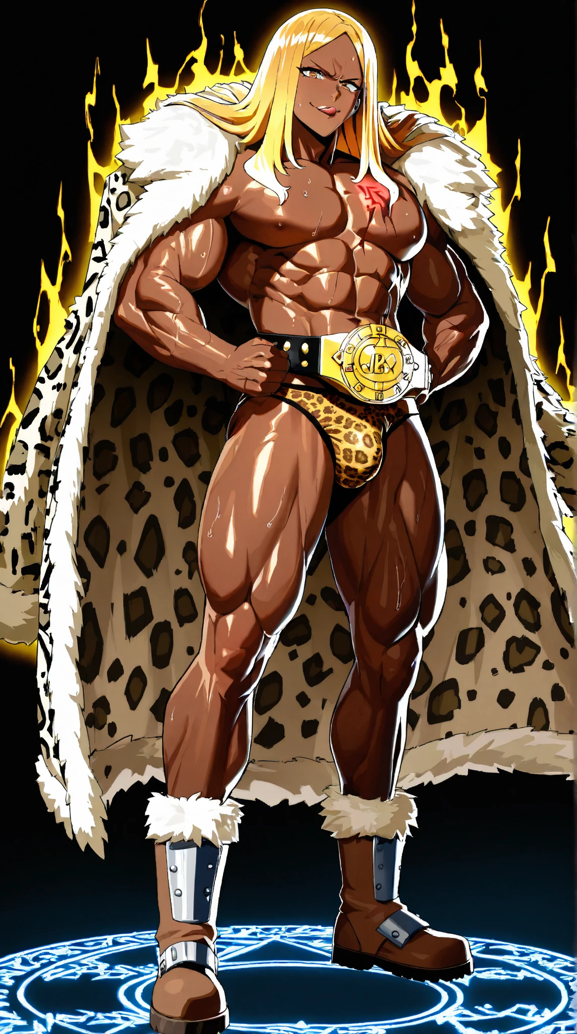 There is only one handsome Chinese man in the photo，35 years old，tall, Fitness，Smooth body，Smooth skin，No chest hair，short hair, O-Shaped Beard，Perfect body, Dark skin color，Radiant Skin，Smooth skin，Shiny, shiny skin，Smooth pectoral muscles，Muscle bulge, muscular, Very large pectoral muscles，Very sexy abdominal muscles，Very well-developed leg muscles，Huge concave and convex area，Brightens oily skin，Wearing a shiny gold leather thong，Handsome face，Normal human toes，Correct and accurate male body proportions，Gold necklace，Gold bracelet，Gold anklets，Standing in front of Monstera leaves。