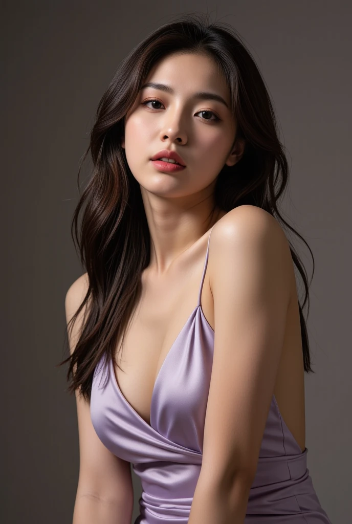 （office:1.4）、Shiny moss-colored leather suit、Ultra-thin moss-colored silk shirt、Cleavage、（Large Breasts:1.4)、Japanese、Idol、Cute 18 year old girl,Long, straight black hair, masterpiece, 最high quality, 超high quality, high quality, High resolution, 超High resolution, Absurd, 4K, 8k, 16K, Very detailed, Realistic, photo Realistic, RAWphotograph, photograph, Ultra-fine illustrations,Beautiful Face、Realistic Face、(Ultra detailed hair)、(Very fine eye)、Beautiful details、Realistic Skin、Perfect Anatomy、(Detailed skin)、Beautiful Skin、charm、超High resolution、Ultra-realistic、Correct Anatomy, Perfect proportions