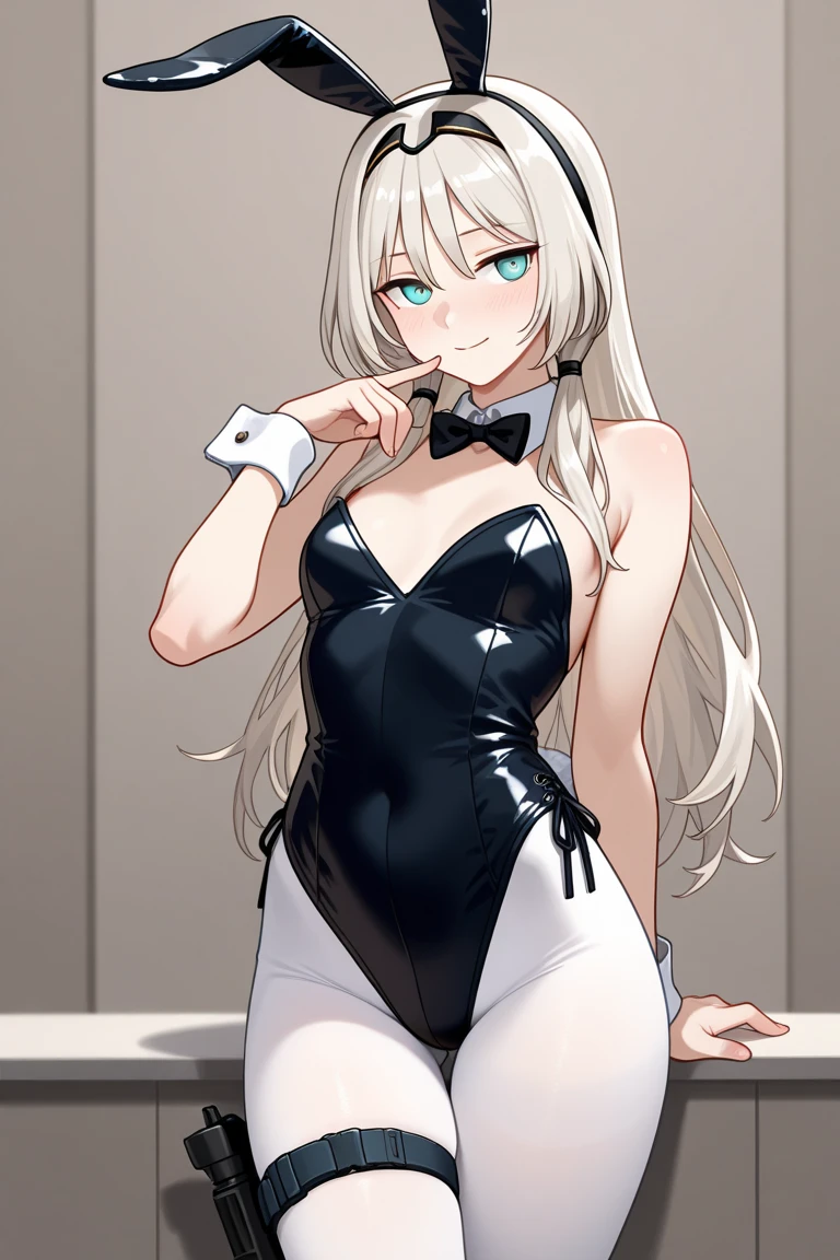 ((Best Quality)), (ultra-detailliert), ((Extremely detailed)), (Beautiful), ((Kawaii Girl)),(two side up hair)、((masutepiece)), ((Platinum Blonde Hair)), Long hair, hair between eye, Wavy Hair, Long sideburns, Jade-colored eyes, White skin, Colossal tits、(Rabbit ears), Slender body, ((Black Playboy bunny)), Fishnet tights, High heels , Casino, Standing, One Woman, Anime