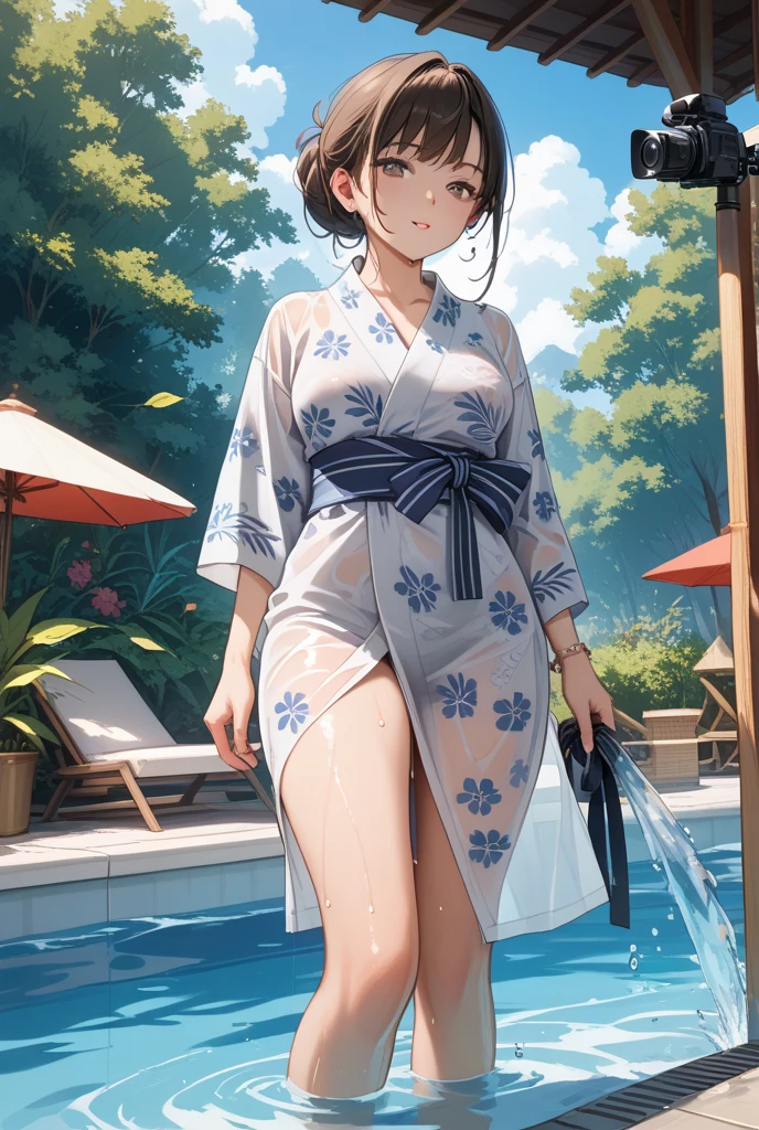 best quality,masterpiece,1girl,solo,(((13years old))),japanese girl,an extremely cute and beautiful girl,highly detailed beautiful face and eyes,petit,cute face,lovely face,baby face,shy smile,show teeth,black hair,medium short hair,small breasts,skinny,slender,(((wearing a white transparent floral loose mini Yukata))),(((standing in a bath house garden))),she is looking at the viewer,hands lift up dress,(upskirt above the waist:1.1),(no panties:1.1),(legs spread wide:1.1),(no bra:1.1),(((NFSW))