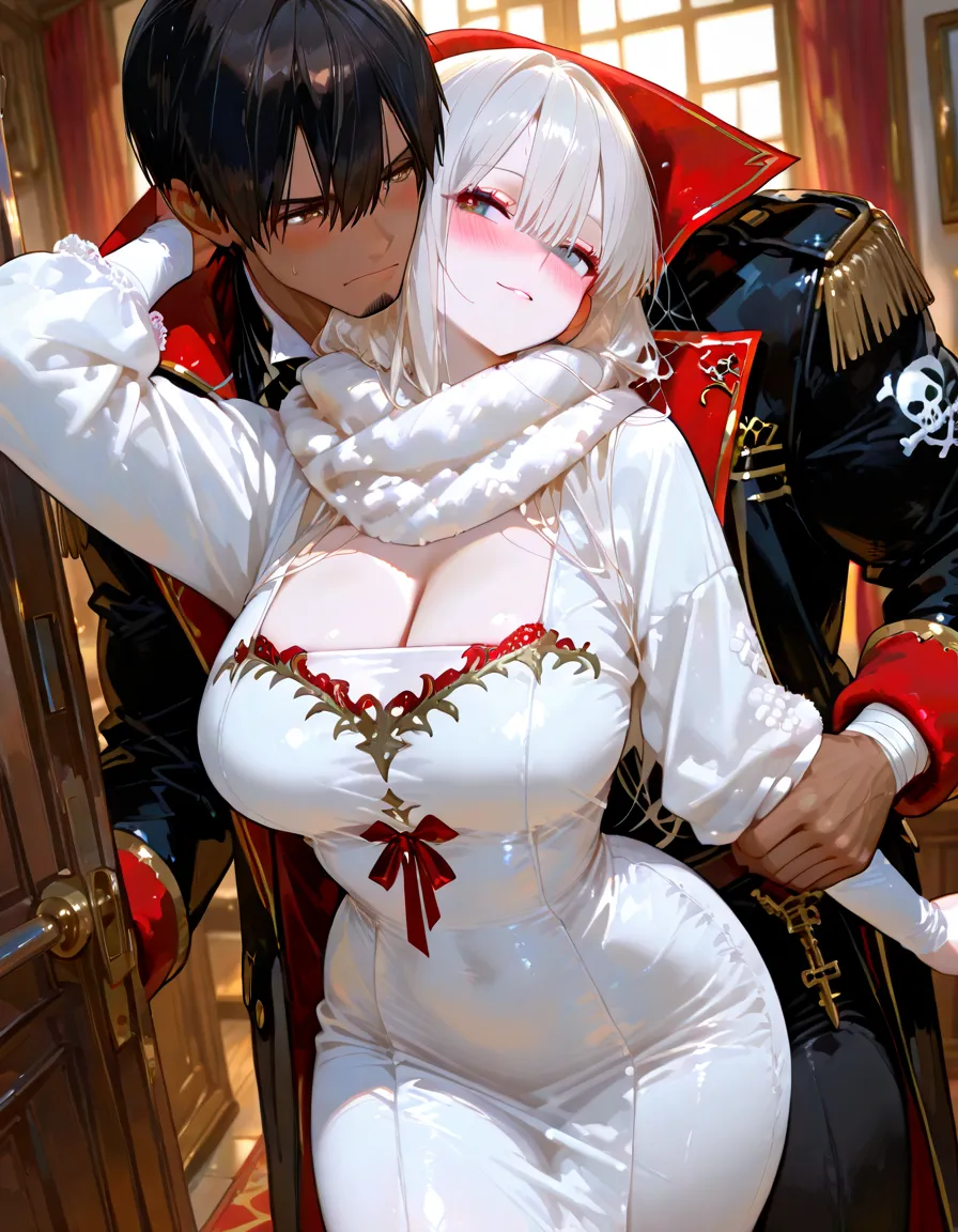 (1MILF,one boy),(young boy standing in front of a woman), ((maid:1.2)),((((A boy grabs a woman's butt:1.0)))),(Despicable expressions:1.3),{{open legs:1.2}}+++,(blond hair) ,Gold Shirt:1.1, (Latex clothing:1.1),(at church),(((mature woman:1.1))),(embarrassing,blush:1.3),(orgasm:1.3),(ecstasy:1.3) ,(so stupid:1.3),(trembling:1.3),(tears:1.1) ,(lace panties:1.1),(huge breasts:1.0),(Breasts spilling out of a white bra:1.1),((vapor:1.2)),masterpiece, highest quality, very detailed, dynamic angle, ((perfect hands)), detailed shiny skin, thin hair, fine eyes), amazing background, meaningful background, absurd background, artistic overlay, and colorful hair. The style is surrealism, cinematic lighting, ray tracing,sacred light, perspective,(look away:1.3),(Contrasting:1.3),(gold decoration),(White and dark red costume),(Long Sleeve Costume),((Lace skirt)),((Very tight shirt:1.3)),(look at each other),nsfw