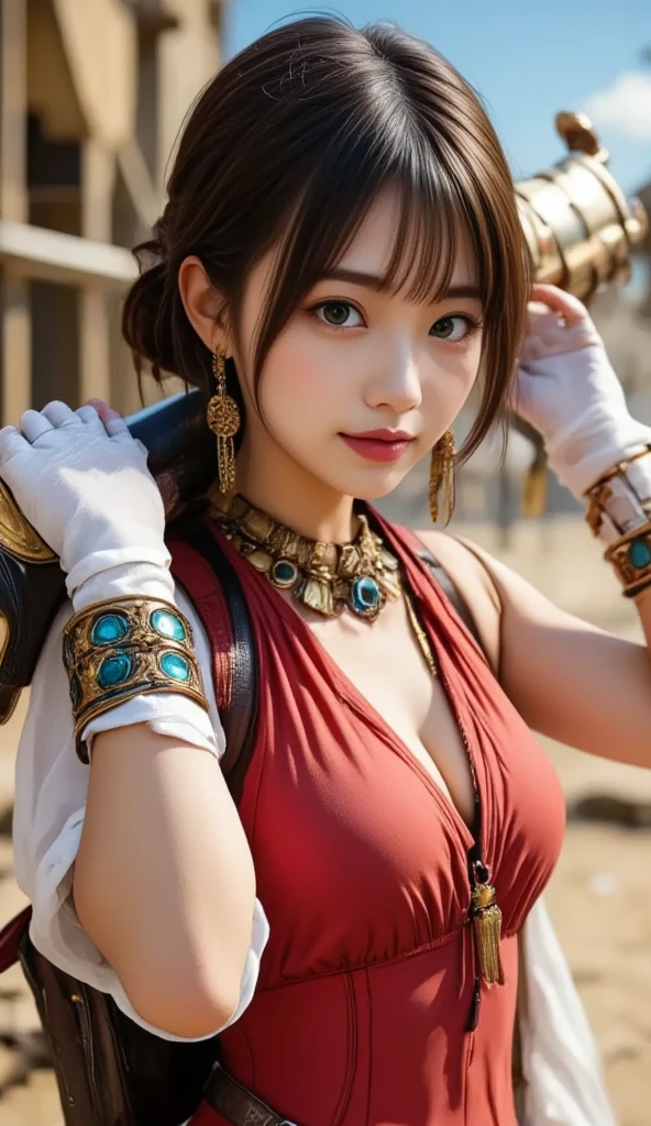 1girl, solo, breasts, brown_hair, realistic, pink_dress, no_panties, dress, hair_ornament, chinese_clothes, cleavage, looking_at_viewer, parted_lips, indoors, jewelry, earrings, standing, table, medium_breasts, thighs, collarbone, hair_bun