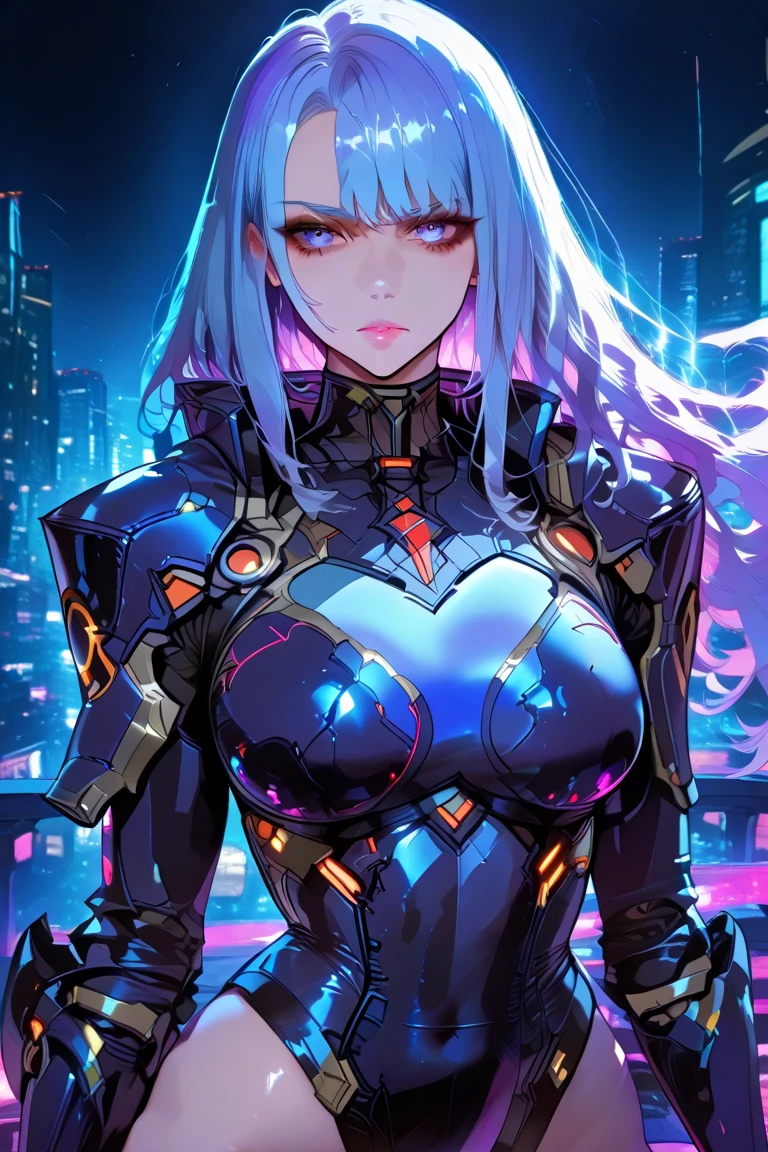 Super fine illustration,((Masterpiece, Best quality)),Extremely detailed eyes and face,The artist has provided more details for anime female characters in armor, 1girll, Dynamic pose, Delicate and shiny tan_skin,Black armor, Solo,Evil smile, Long shiny hair, Shoulder armor, Blue eyes, Large of breast,Evil Warrior,Black cuirass,Black bodysuit, Crotch, Dark, Depth of field,Outdoors,Professional lighting,cinematic shadow,Black Knight ,darkened room,