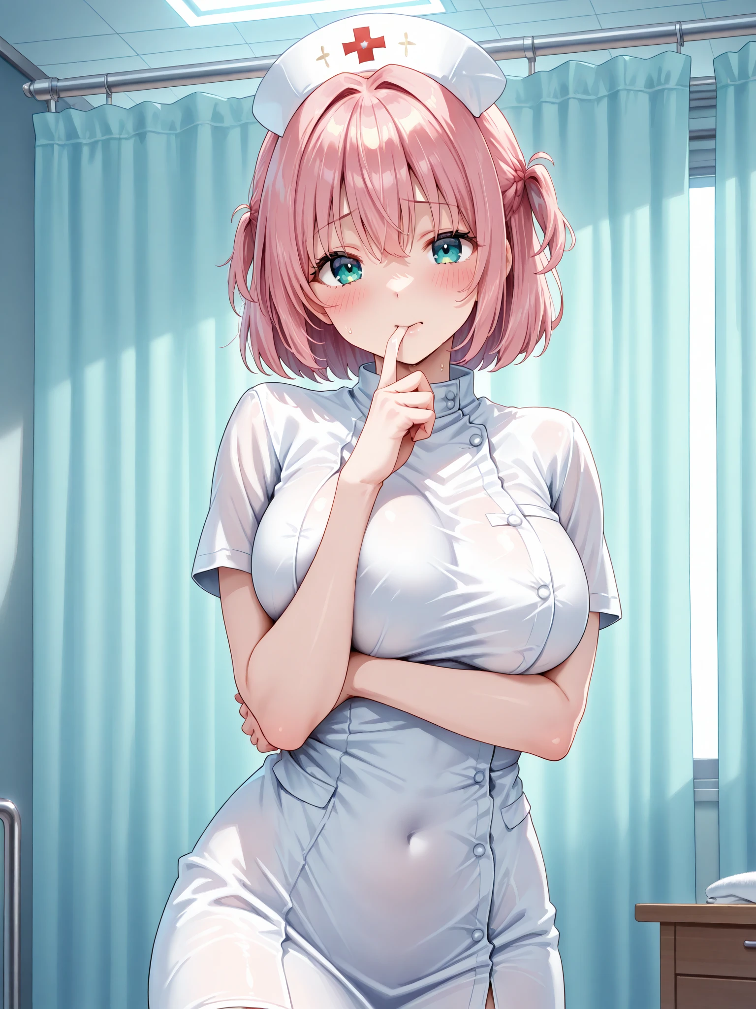 1 woman, alone, nurse, nurse cap, Whiteware, ((white transparent legwear, zettai ryouiki)),((wet clothes)) white gloves, pink hair, green eyes, droopy eyes, laugh, standing, ((ward)), clear outlines, short sleeve, best quality, masterpiece