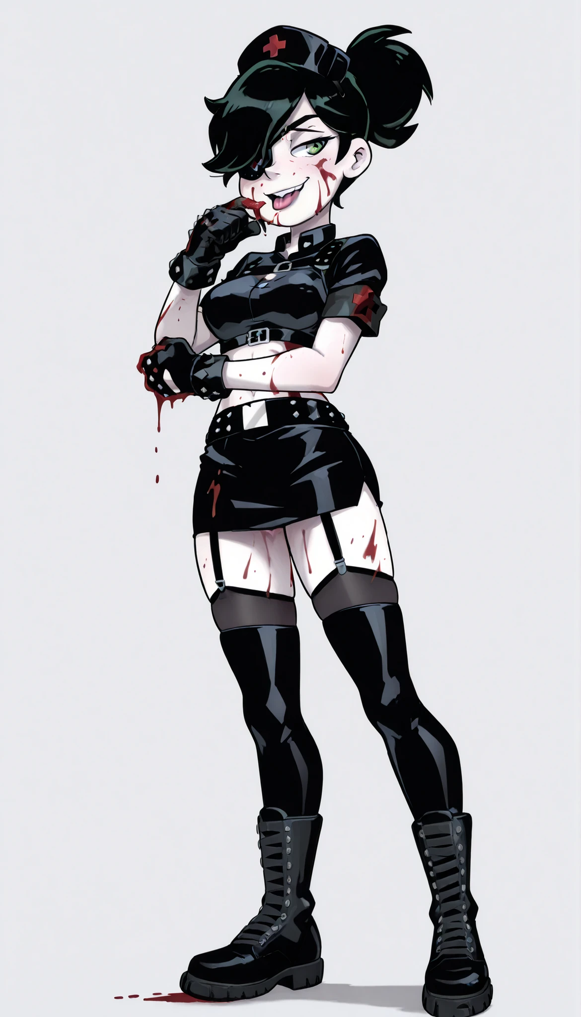 1 girl, solo, Nurse, sexy nurse, miniskirt, nurse uniform, sexy nurse uniform, black nurse uniform, black uniform, black nurse cap, cap on head, cap, Thigh high boots, metal toe boots, studded boots, combat boots, chest harness, studded harness, studded chest harness, Leather garter belt, studded garter belt, leather studded garter belt, black garter belt, green eyes, black lipstick, pale skin, Short hair, black hair, pixie cut, upswept ponytail, high ponytail, upswept ponytail, studded combat gloves, Combat gloves, studded gloves, black combat gloves, black gloves, black studded gloves, right eye covered with eye patch, right eye patch, right eye covered, eye patch Eye patch, black eye patch, blood spatter, blood stains, blood stains on uniform, blood on knuckles, blood on hands, Fists clenched, ready for combat, fighting nurse, smug, Tongue sticking out, blood stains on face, blood stains on body, slim body, athletic body, slender body, full body:1.5, (Star Vs The Forces of Evil Style), (High Quality), Standing, Simple Background, Light Gray Background, Simple Light Gray Background,