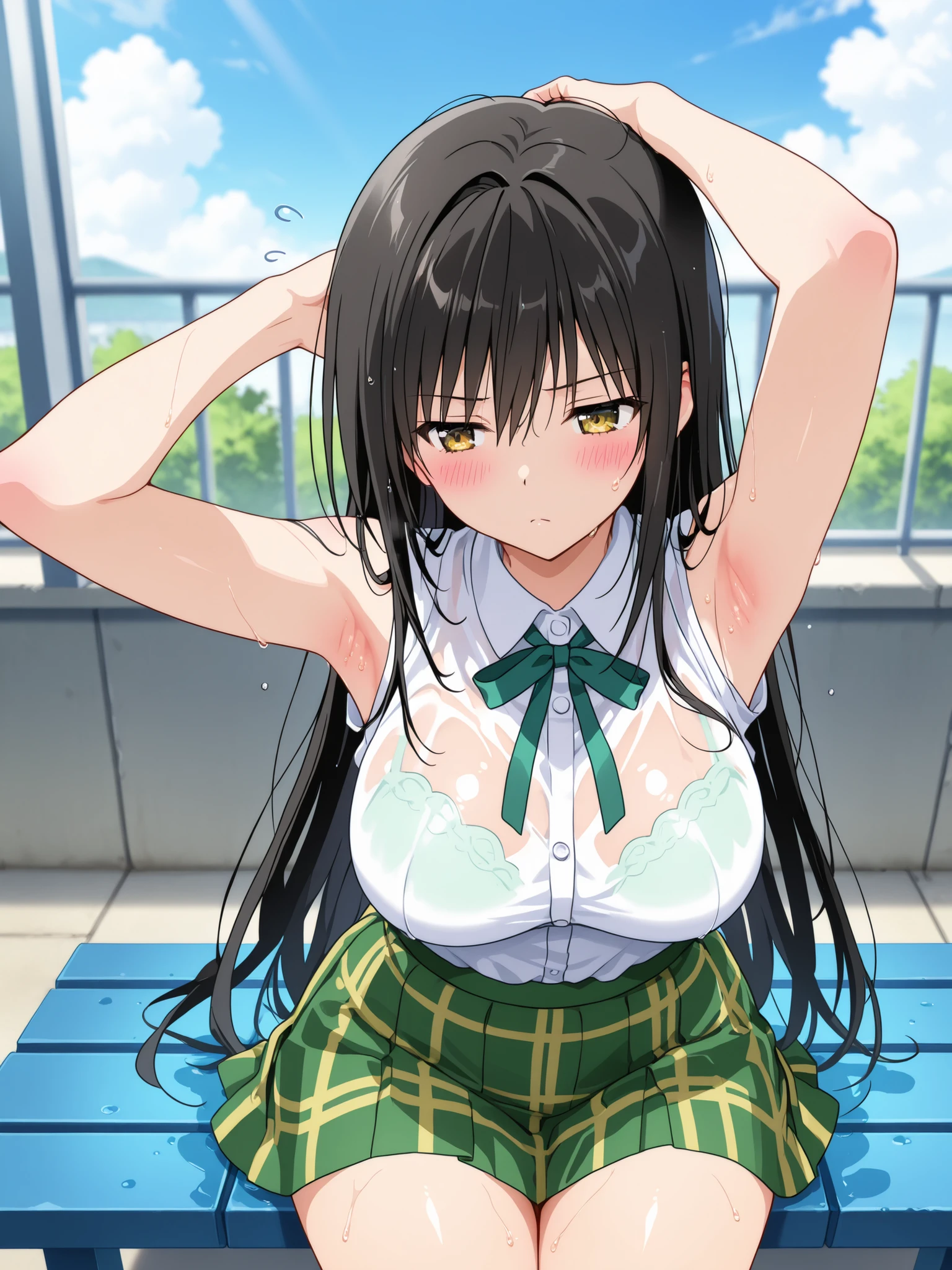 Close-up shots of sexy parts. Glamorous skin, Delicate, Wet skin feel, Busty elements, Sweat drops, Very delicate depiction of hair, Large breasts, Dynamic poses. Breasts, (masterpiece, top quality), very beautiful, Absurd, highly detailed CG unity 8K wallpaper, Spanish illustration, (glamorous look), anime style 4k,, anime moe art style, anime art wallpaper 4K, high quality anime art style,CUTE ANIME GIRL, depth of field, perfect hands, nice, familiar with digital animation art, anime art wallpaper 8k,,, 5_ others, 4_ others, 1_ parents also viewed, Face in love, blush, half closed eyes,
ToLOVEる / 古手川唯 (Kotegawa Yui)
Prompt:
Yui sprawls across a wet rooftop bench during a sudden rainstorm, her athletic yet busty frame drenched and shimmering. Her school uniform clings to her curves—the white blouse translucent, highlighting her massive breasts in a close-up shot that captures their weight and shine, while the green checkered skirt sticks to her thick thighs. Her long black hair, soaked and adorned with a dripping green ribbon, clings to her flushed skin. She lies on her side, one arm propped under her head, the other hand tracing her glistening armpits, featured in a tight close-up. Her expression is a blend of irritation and reluctant arousal, with wide eyes and a pouty frown. The low-angle perspective from her hips upward emphasizes her commanding yet vulnerable silhouette against the stormy sky, with raindrops cascading over her body.