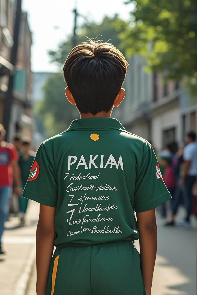 Generate a Realistic 20 years old boy,Wearing a shirt print is like pakistani flag and "Nisar" is written on his t-shirt and the boy is standing on the road with hand holding a national flag of Pakistan,and behind him is the Minar E Pakistan.And written on sky "Happy Independence Day" Create Realistic image high quality