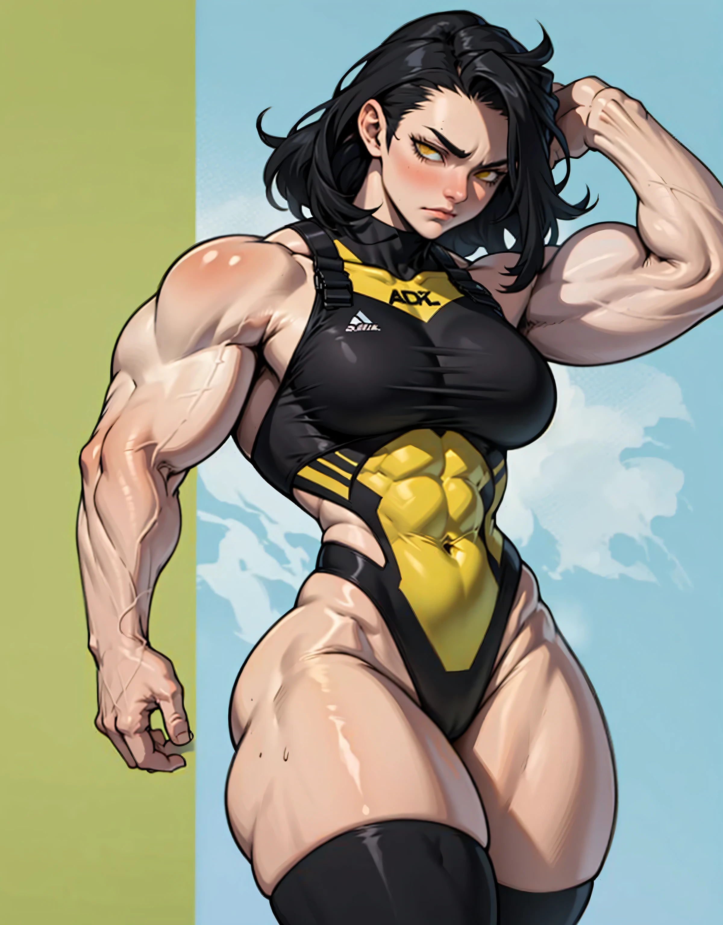 (((muscular girl toned body large breasts thick perfect anatomy))) yellow eyes black hair pale best quality