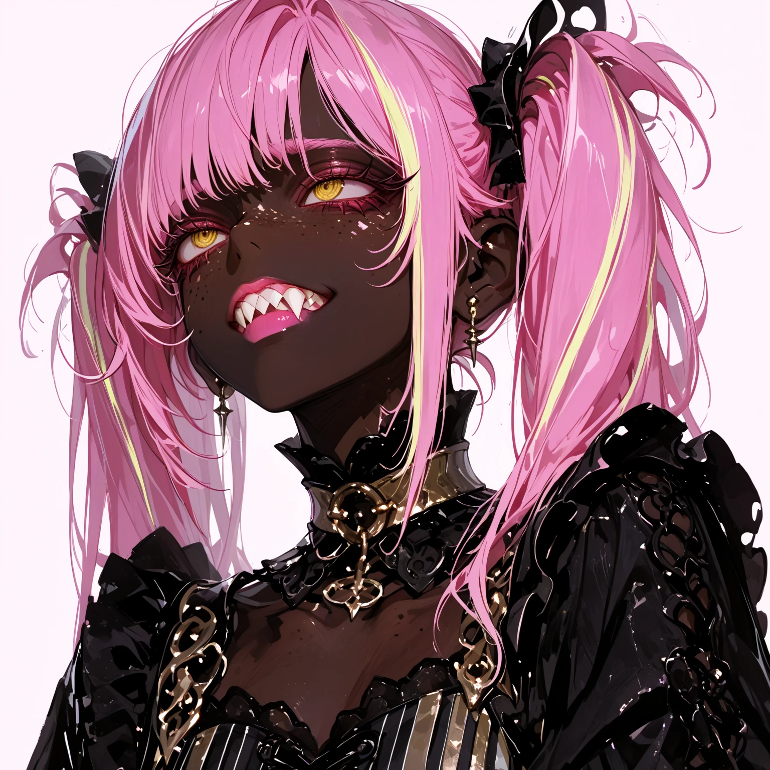 Best quality, highly detailed, ultra detailed, 1 brown skin boy, flat chest, male chest, slim curvy body, long pink dreadlocks, pink dreadlocks, pink eyes, vampire, pointy ears, sharp nails, black lipgloss, goth, wet mouth, close up on face
