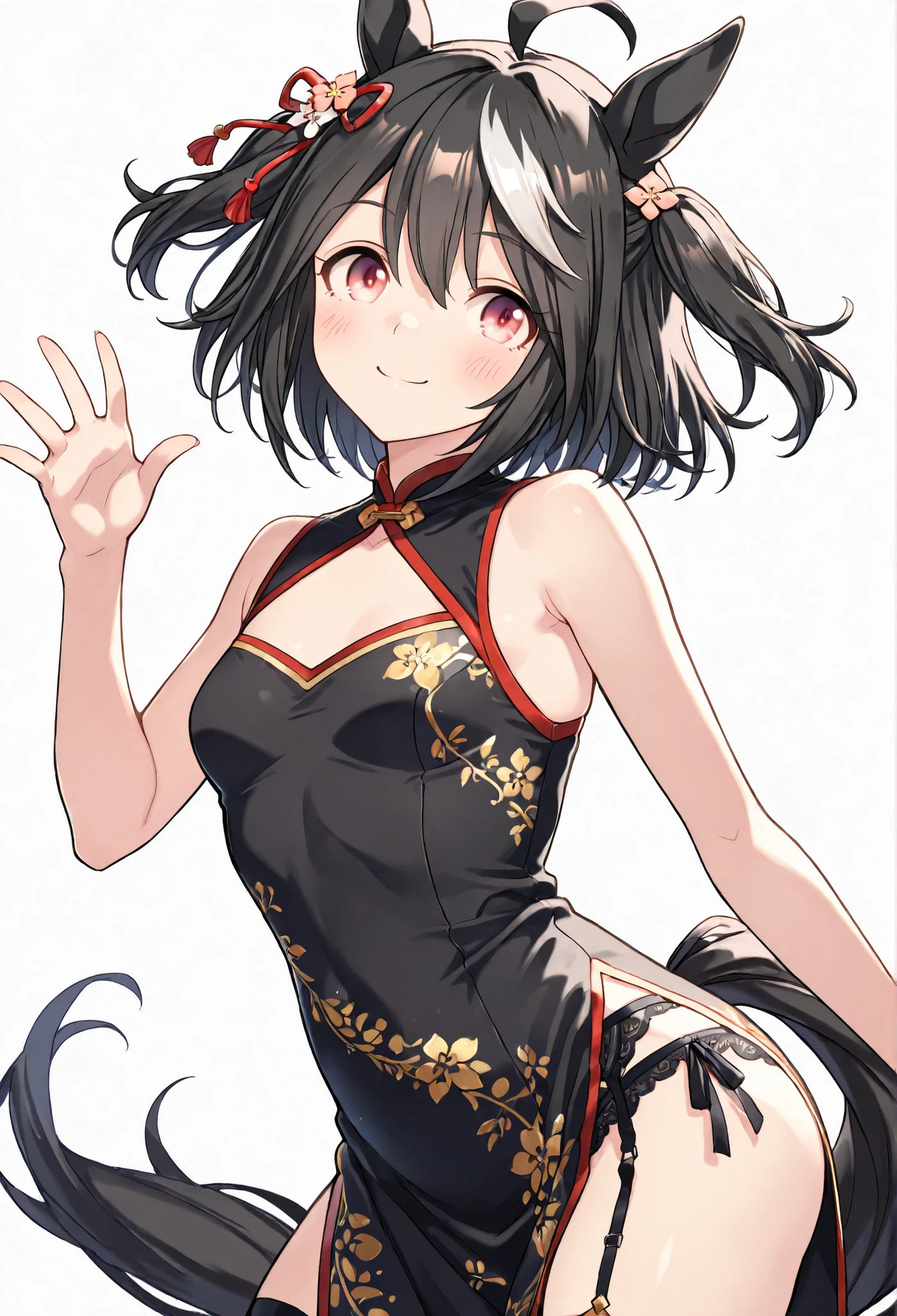1woman:1.3}}}, ,{{{kitasan black:1.5,Uma Musume:1.4,gray hair,Horse Ears,Horse Tail,}}},{{{Big breasts:1.4,large breasts:}}},{{{masterpiece}}},{{{top quality}}}, {{Super Detailed}}, {{very delicate and beautiful}}}, {{{8k}}},{{{flat color:0.6}}},{{{type-moon:1.5},{{{face focus:1.4}},{{{sexy pose}},,{{{white background,simple back ground}}},{{{sexy pose,dynamic pose}}}{{{happy smile}}} }{{{batch:1.5}}}{{{face focus}}},\(umamusume\){{{upper BODY}}},赤と黒のchina dress with small breasts, Elegant clothes 、china dress with small breasts、Double Bangs、{{{winking}}} soft lighting,dynamic pose, throwing a powerful punch” 美しい影, 1girA (( 背中が開いていて金色の花と龍の刺繍が施されたchina dress with small breasts, china dress with small breasts、Chestカットアウト、Chest、garter belt、Garter Straps、lace panties、pelvic curtain、sleeveless、side slit、hair flower、