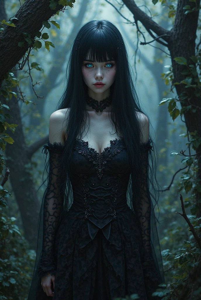 A captivating dark fantasy oil painting showcasing an enigmatic necromancer. Clad in tattered, dark green robes adorned with skeletal motifs, the necromancer's emerald green hair flows wildly, intertwined with strands of glowing, ethereal blue magic. Her eyes are hollow and haunting, exuding a sense of dark power. The background is a swirling miasma of green and black, with ghostly figures emerging from the shadows, creating an eerie and chaotic atmosphere. The chaotic environment is further heightened by the blue magic twisting through her hair. The piece, painting, dark fantasy., dark fantasy, painting