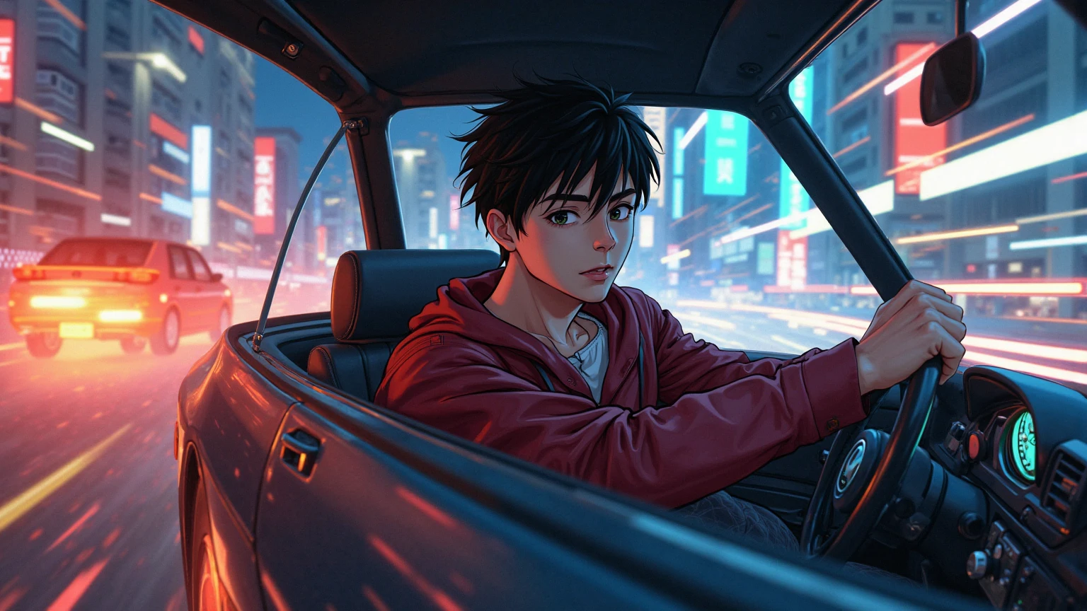 A MAN INSIDE THE CAR DRIVING,manga style art